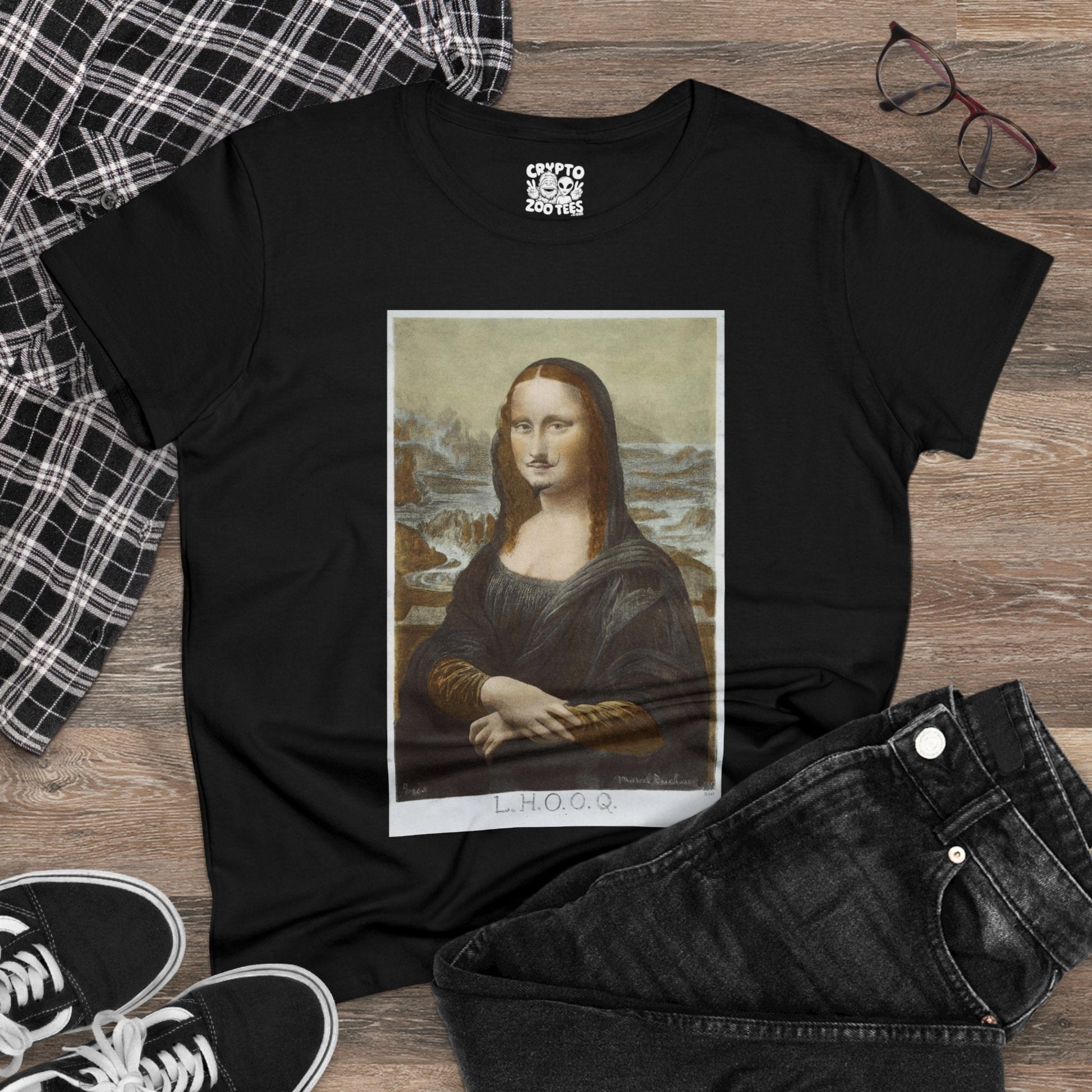 T-Shirt - Duchamp Dada Mona Lisa with Mustache | Women's T-Shirt | Cotton Ladies Tee from Crypto Zoo Tees