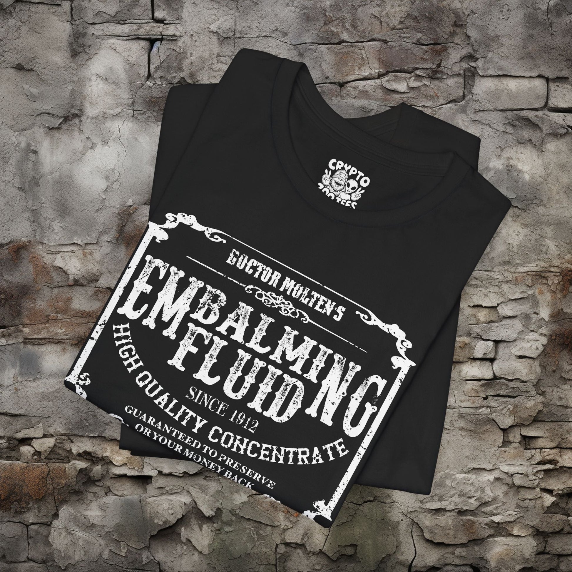 T-Shirt - Embalming Fluid | Goth Macabre Halloween Fun | Bella + Canvas Unisex T-shirt from Crypto Zoo Tees