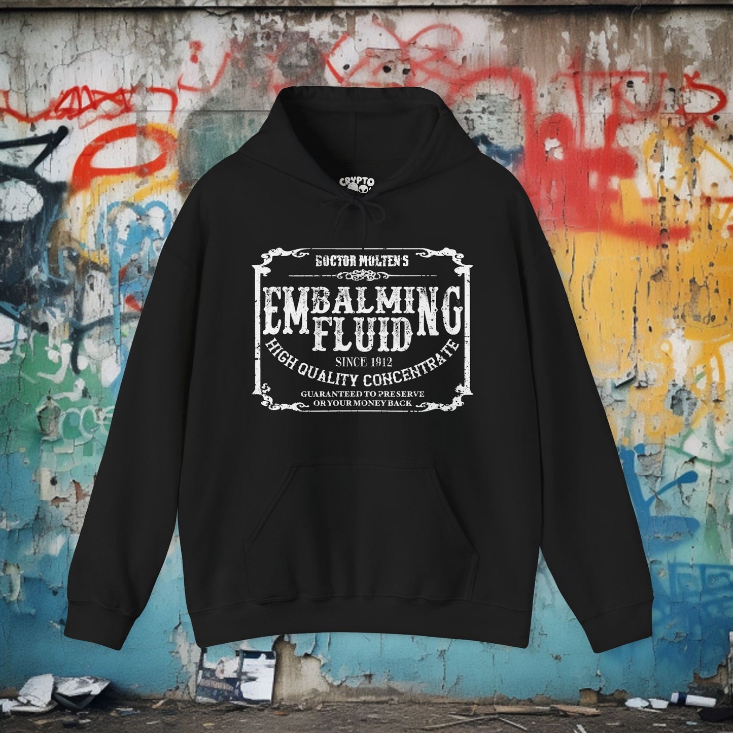 Hoodie - Embalming Fluid | Goth Macabre Halloween Fun | Hoodie | Hooded Sweatshirt from Crypto Zoo Tees