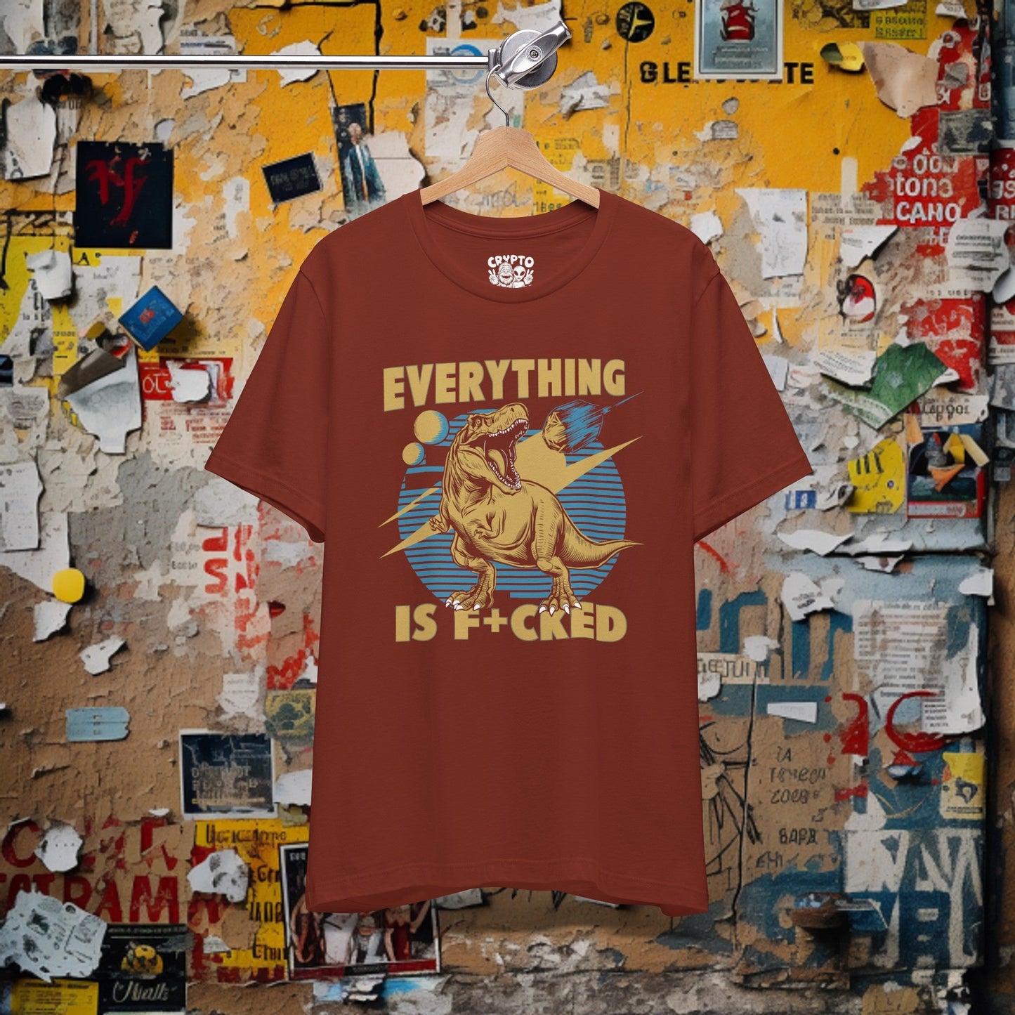 T-Shirt - Everything is F*cked Funny T-Rex Dinosaur and Meteor Shirt | Bella + Canvas Unisex T-shirt from Crypto Zoo Tees