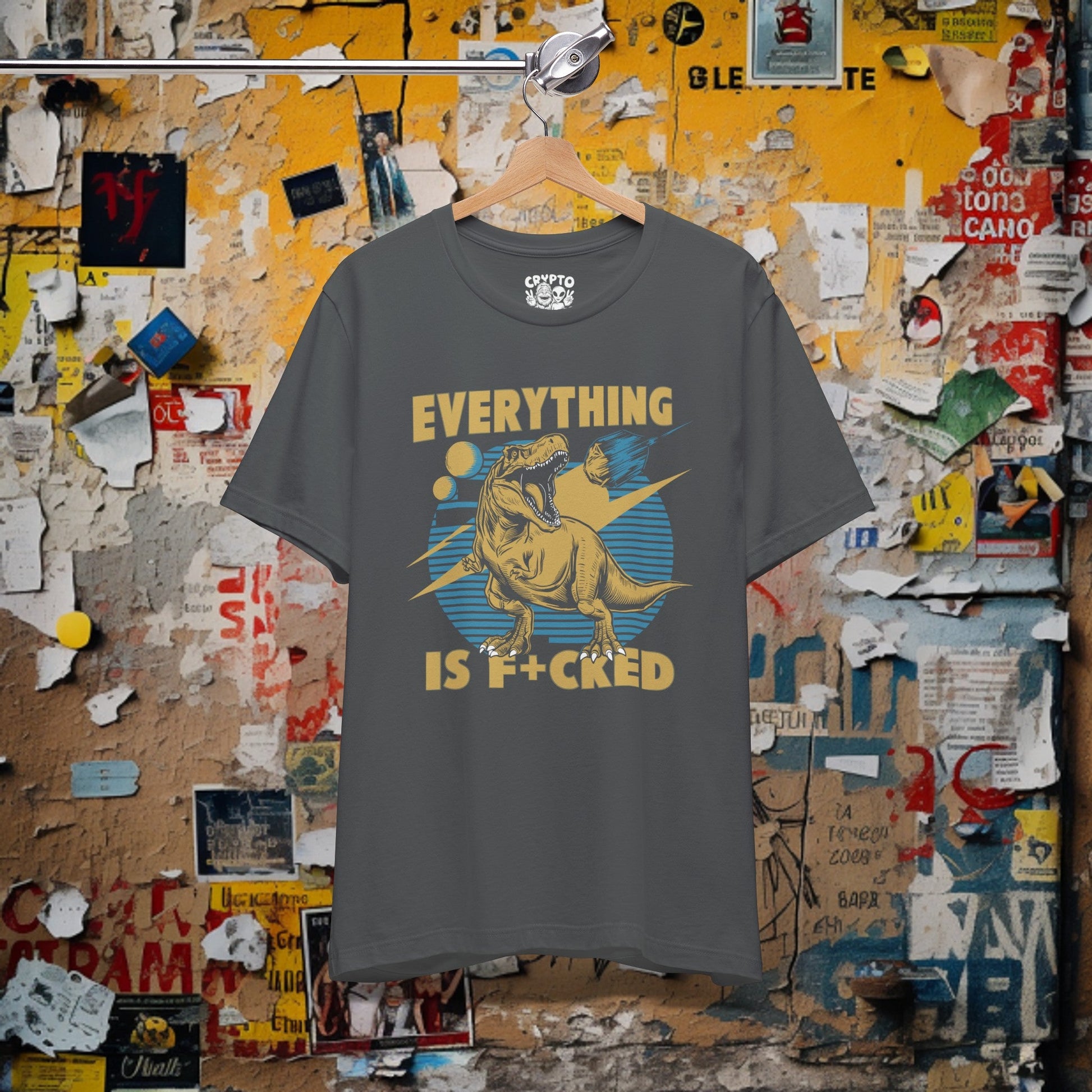 T-Shirt - Everything is F*cked Funny T-Rex Dinosaur and Meteor Shirt | Bella + Canvas Unisex T-shirt from Crypto Zoo Tees