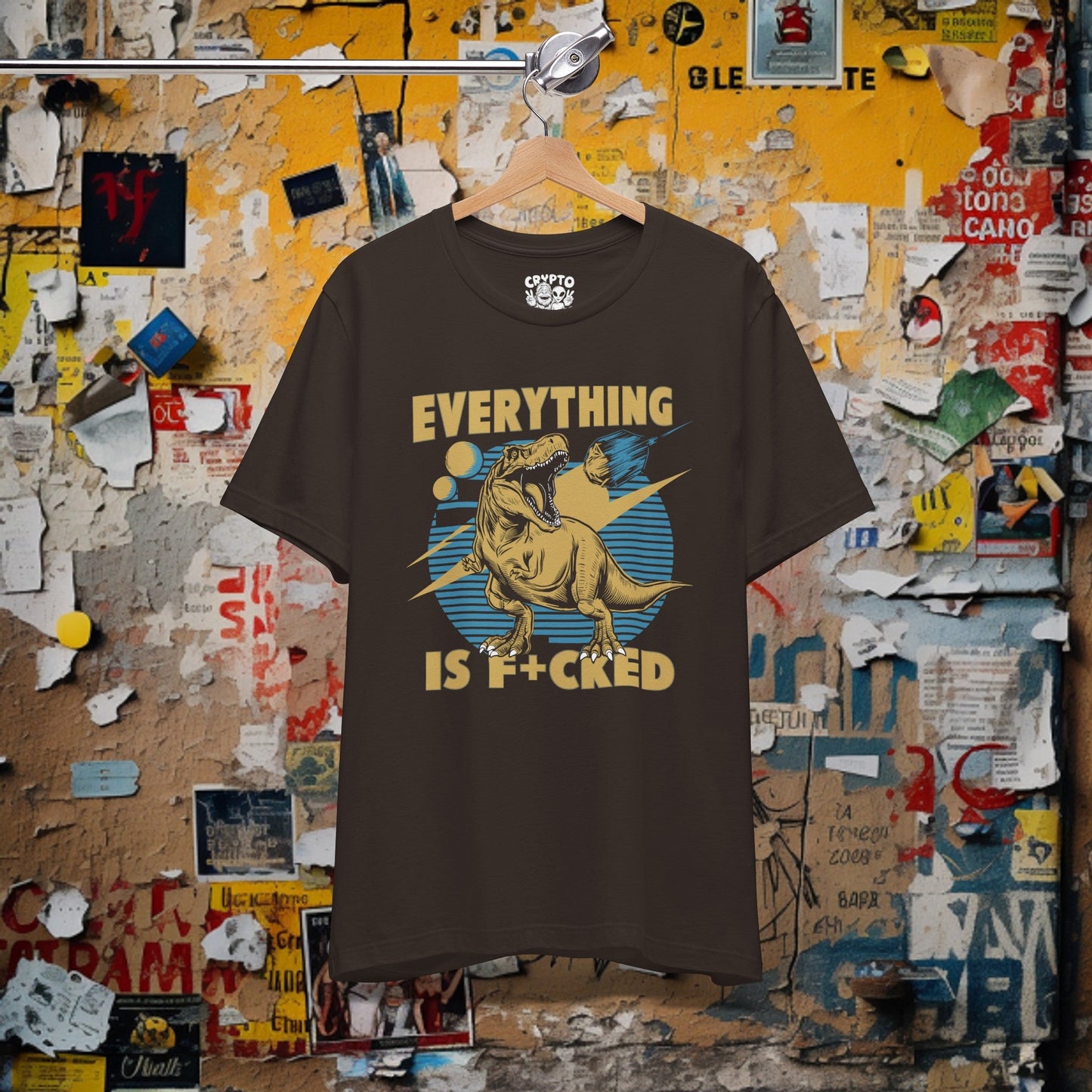 T-Shirt - Everything is F*cked Funny T-Rex Dinosaur and Meteor Shirt | Bella + Canvas Unisex T-shirt from Crypto Zoo Tees