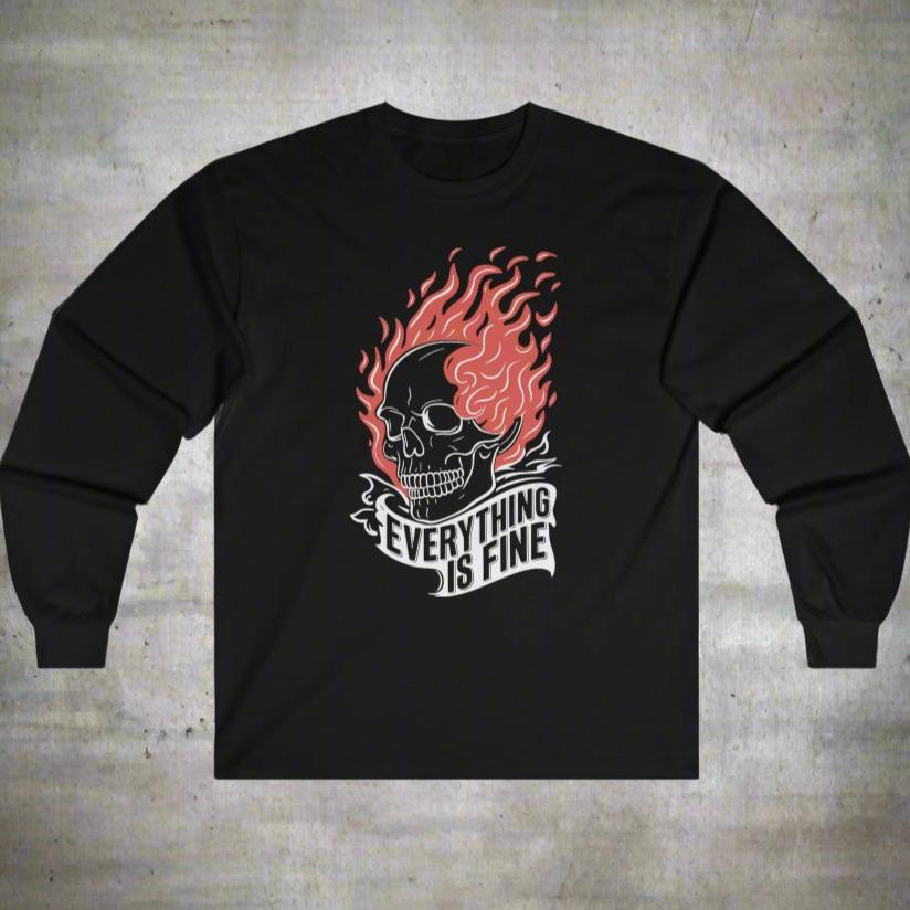 Long - sleeve - Everything Is Fine | Flaming Skull | Long Sleeve T-shirt from Crypto Zoo Tees