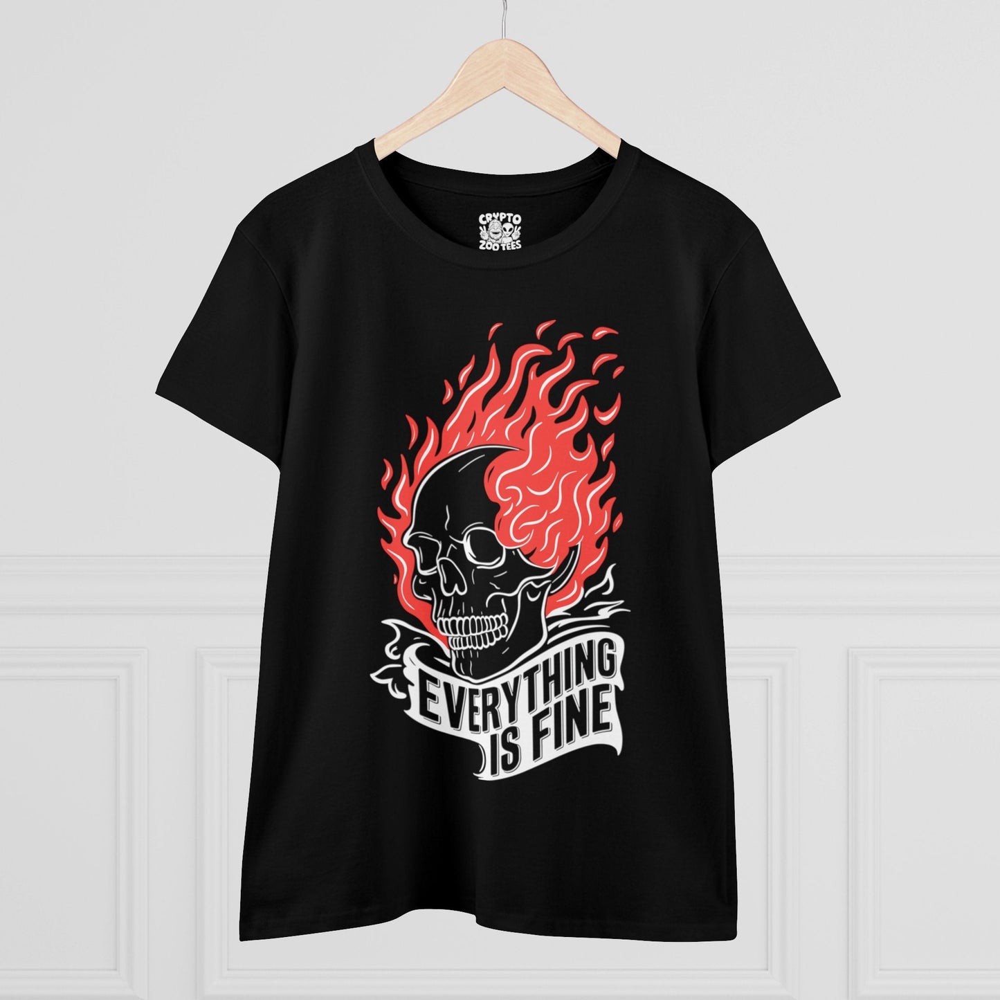 T - Shirt - Everything is Fine Skull on Fire | Skulls and Skeletons | Women's T - Shirt | Cotton Tee from Crypto Zoo Tees