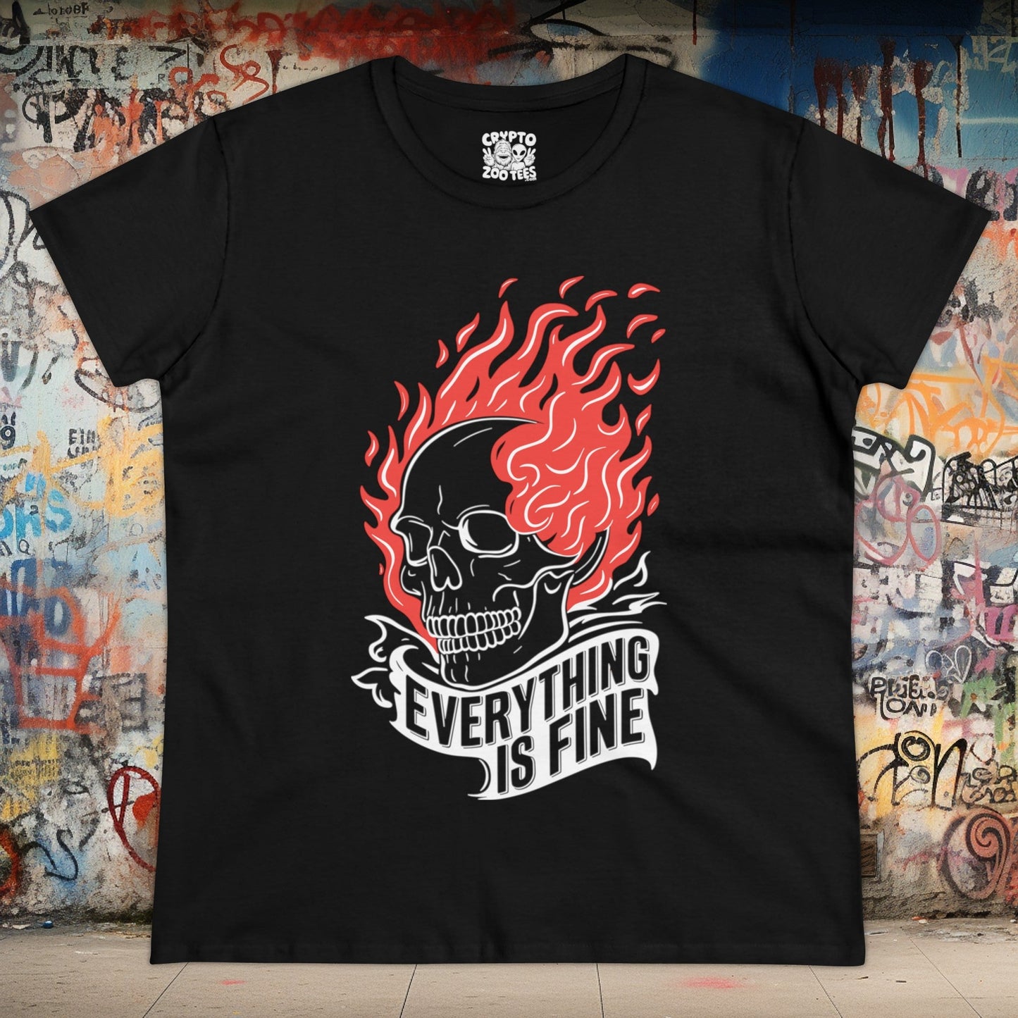 T - Shirt - Everything is Fine Skull on Fire | Skulls and Skeletons | Women's T - Shirt | Cotton Tee from Crypto Zoo Tees