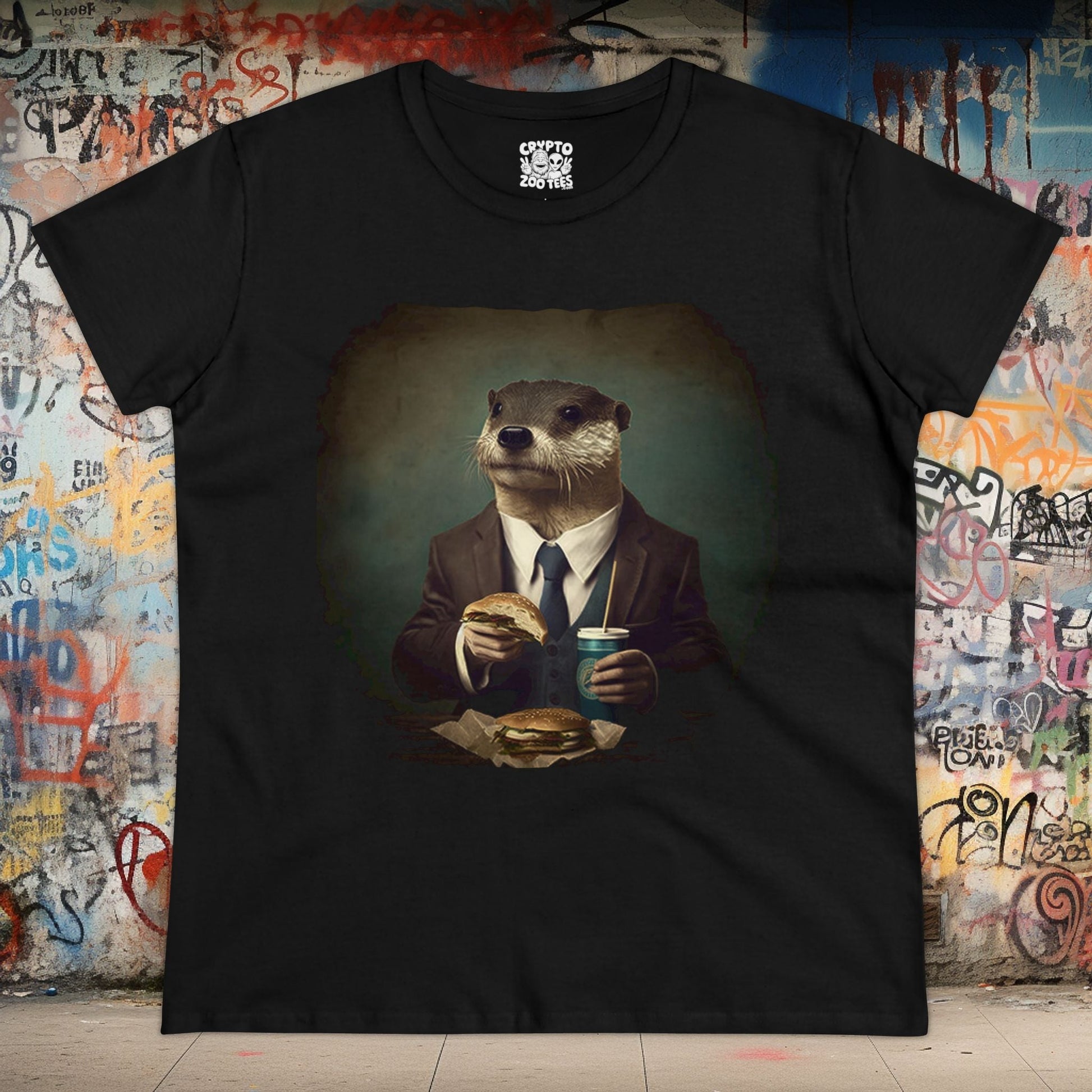 T-Shirt - Fast Food Otter Ladies Tee | Cute Otter Graphic, 100% Cotton, Semi - Fitted & Playful Design from Crypto Zoo Tees