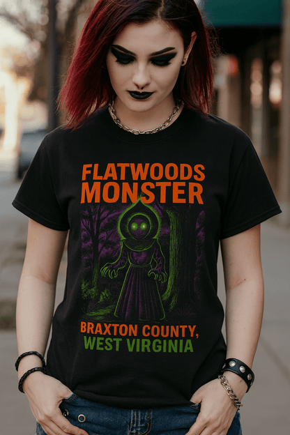T-Shirt - Flatwoods Monster West Virginia | Cryptids, Alien & UFO | | Unisex T-shirt | Long Sleeve Tee | Ladies Shirt | Crewneck Sweatshirt | Hoodie from Crypto Zoo Tees