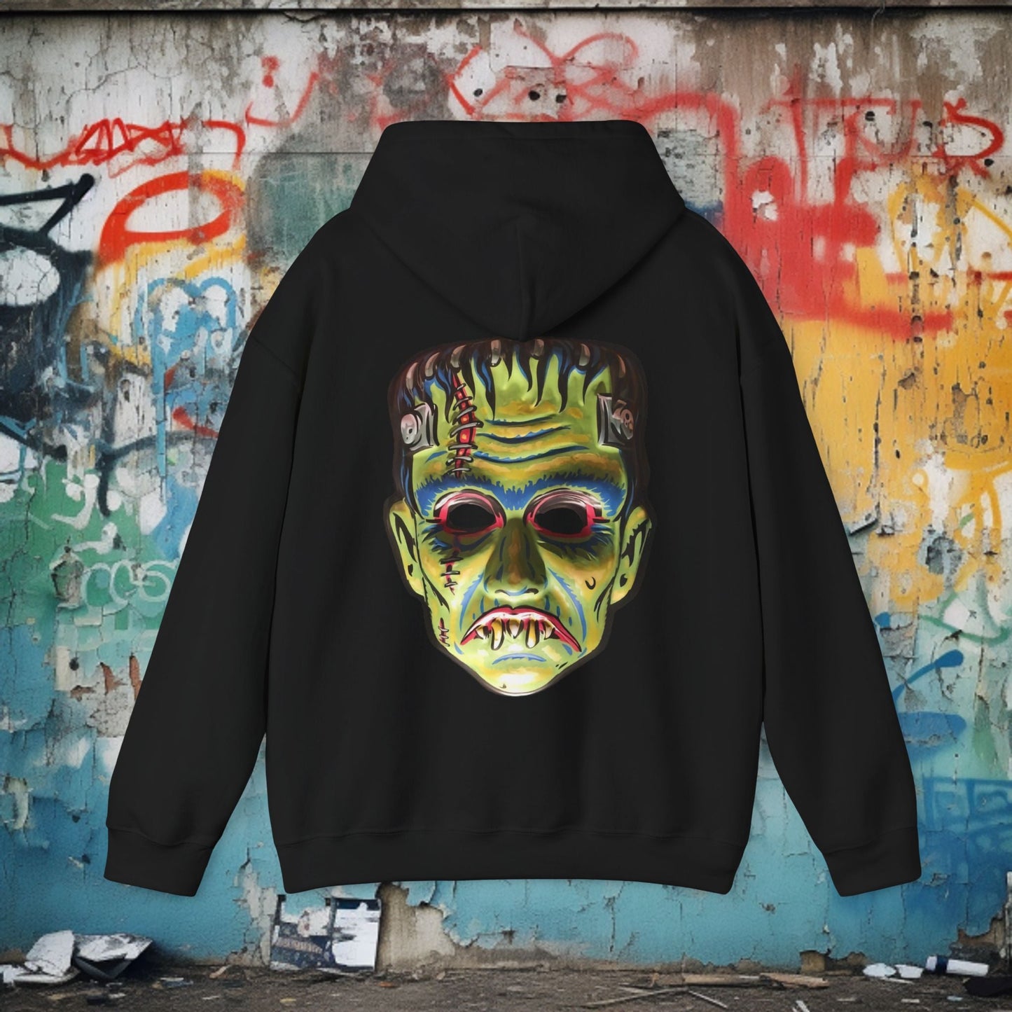 Hoodie - Frankenstein Halloween Mask 2 Sided Hoodie from Crypto Zoo Tees