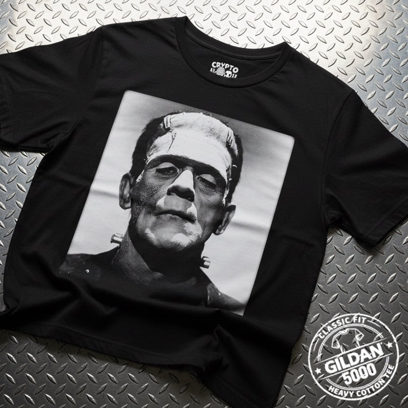 T-Shirt - Frankenstein Karloff Tee | Unisex Heavy Cotton - Gildan 5000 | Horror, Retro & Vintage | Goth/Gothic from Crypto Zoo Tees