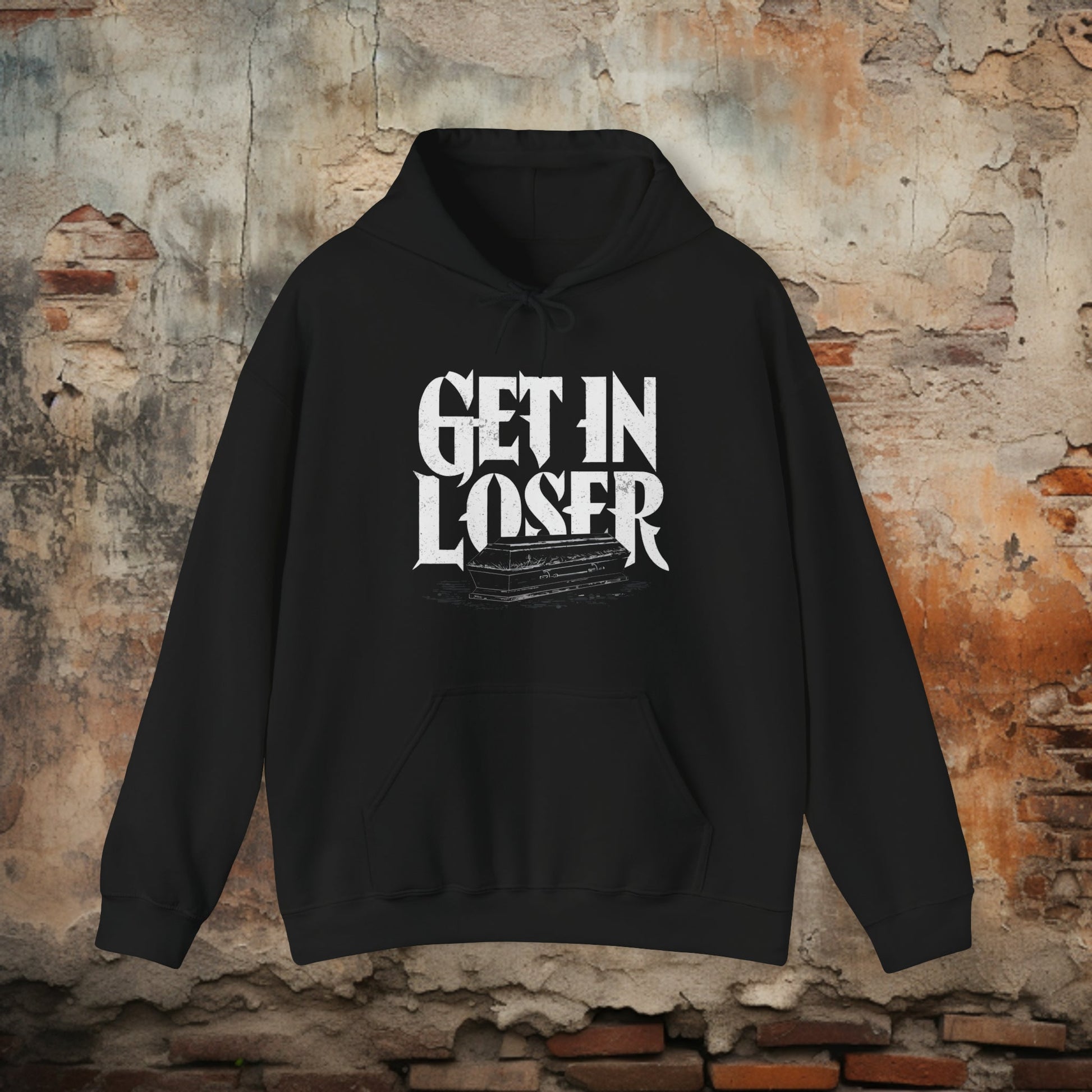 Hoodie - Get In Loser Coffin Gothic Dark Humor Hoodie | Hoodie | Hooded Sweatshirt from Crypto Zoo Tees