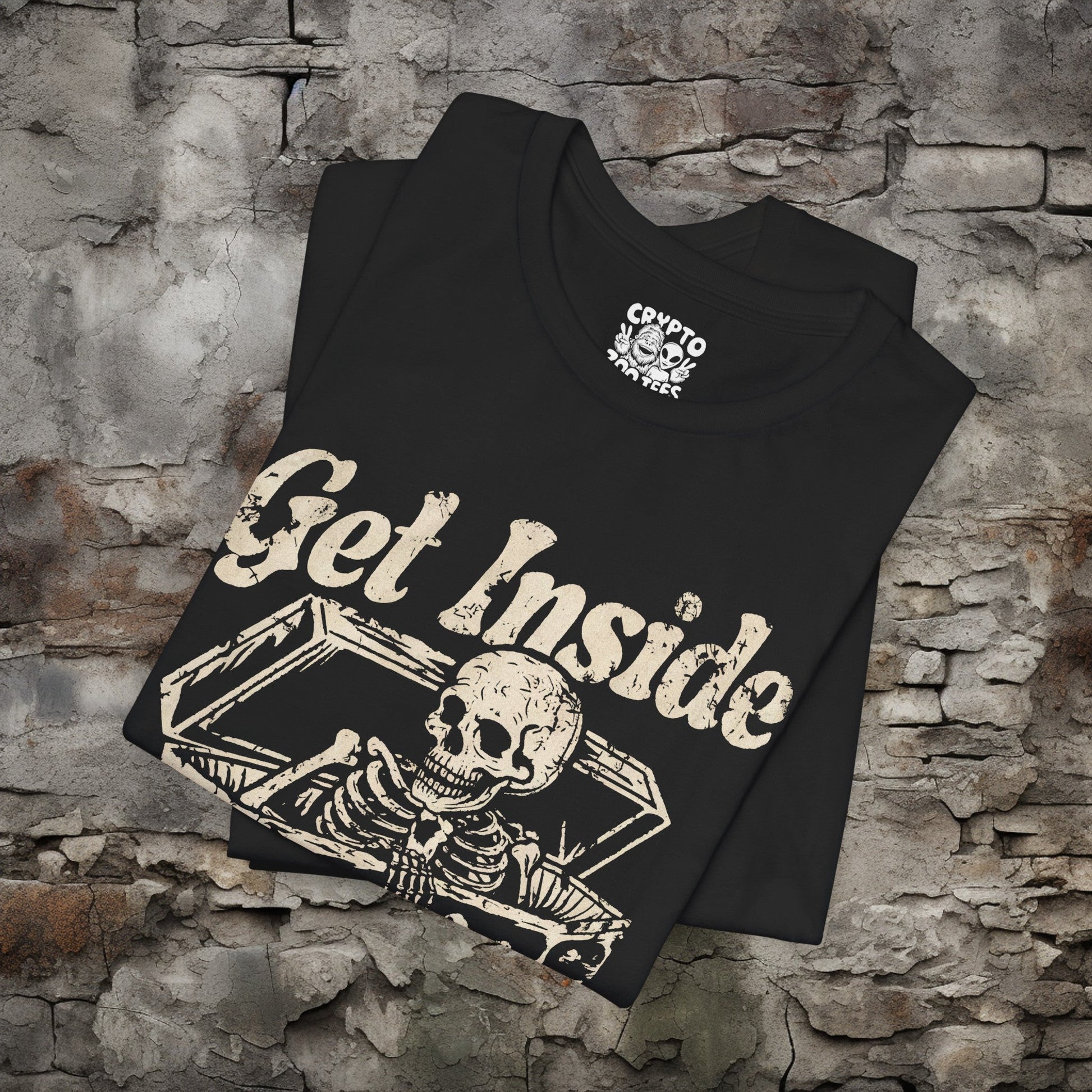 T-Shirt - Get Inside Loser Tee | Skeleton in Coffin Goth Dark Humor Shirt | Bella + Canvas Unisex T-shirt from Crypto Zoo Tees