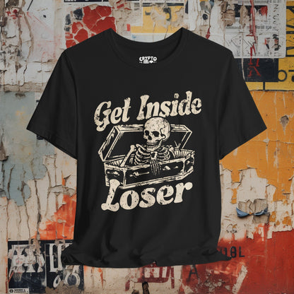 T-Shirt - Get Inside Loser Tee | Skeleton in Coffin Goth Dark Humor Shirt | Bella + Canvas Unisex T-shirt from Crypto Zoo Tees