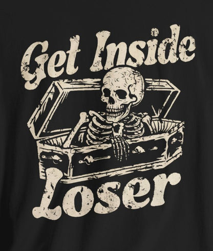 T-Shirt - Get Inside Loser Tee | Skeleton in Coffin Goth Dark Humor Shirt | Bella + Canvas Unisex T-shirt from Crypto Zoo Tees