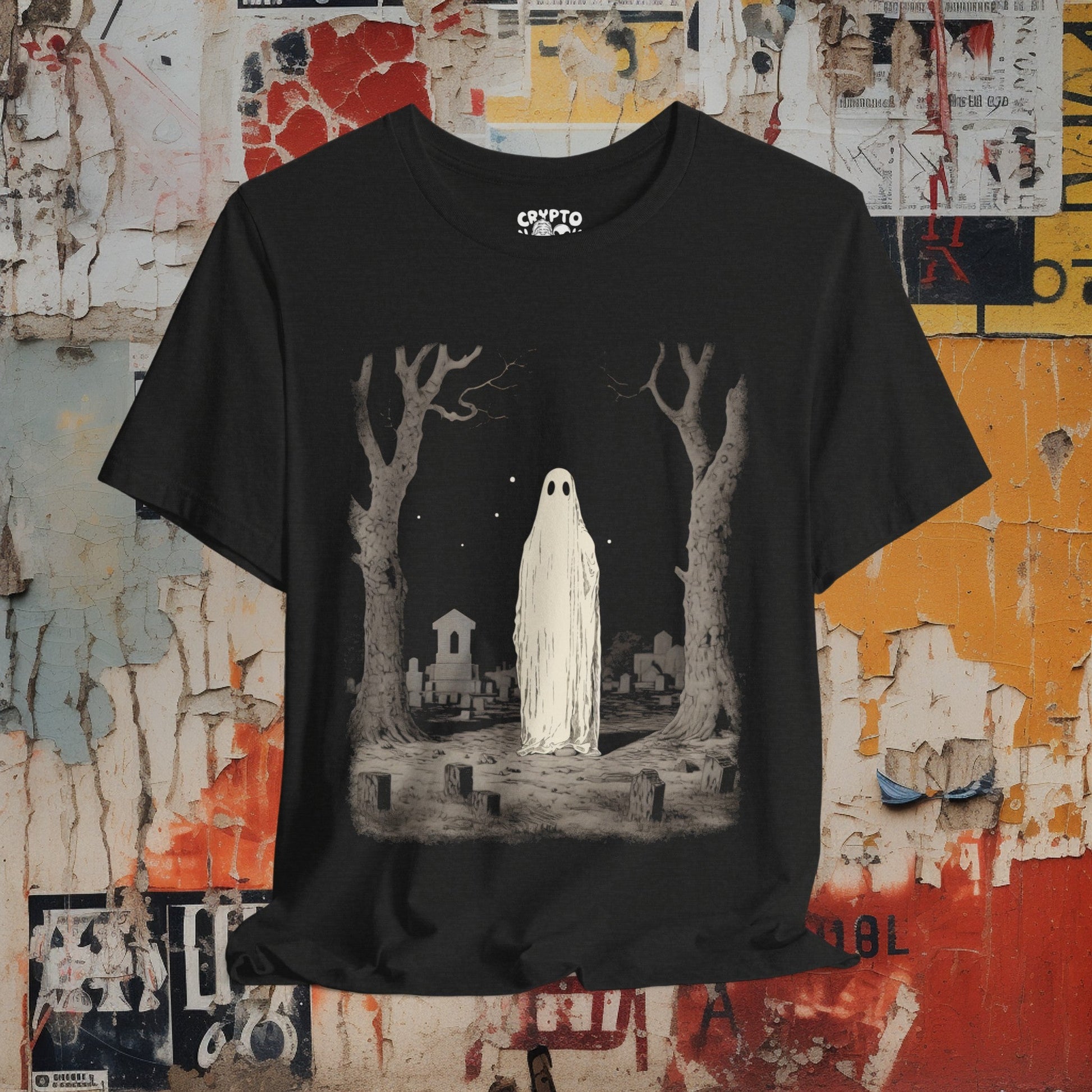 T-Shirt - Ghost In Cemetery Halloween Horror Tee | Bella + Canvas Unisex T-shirt from Crypto Zoo Tees