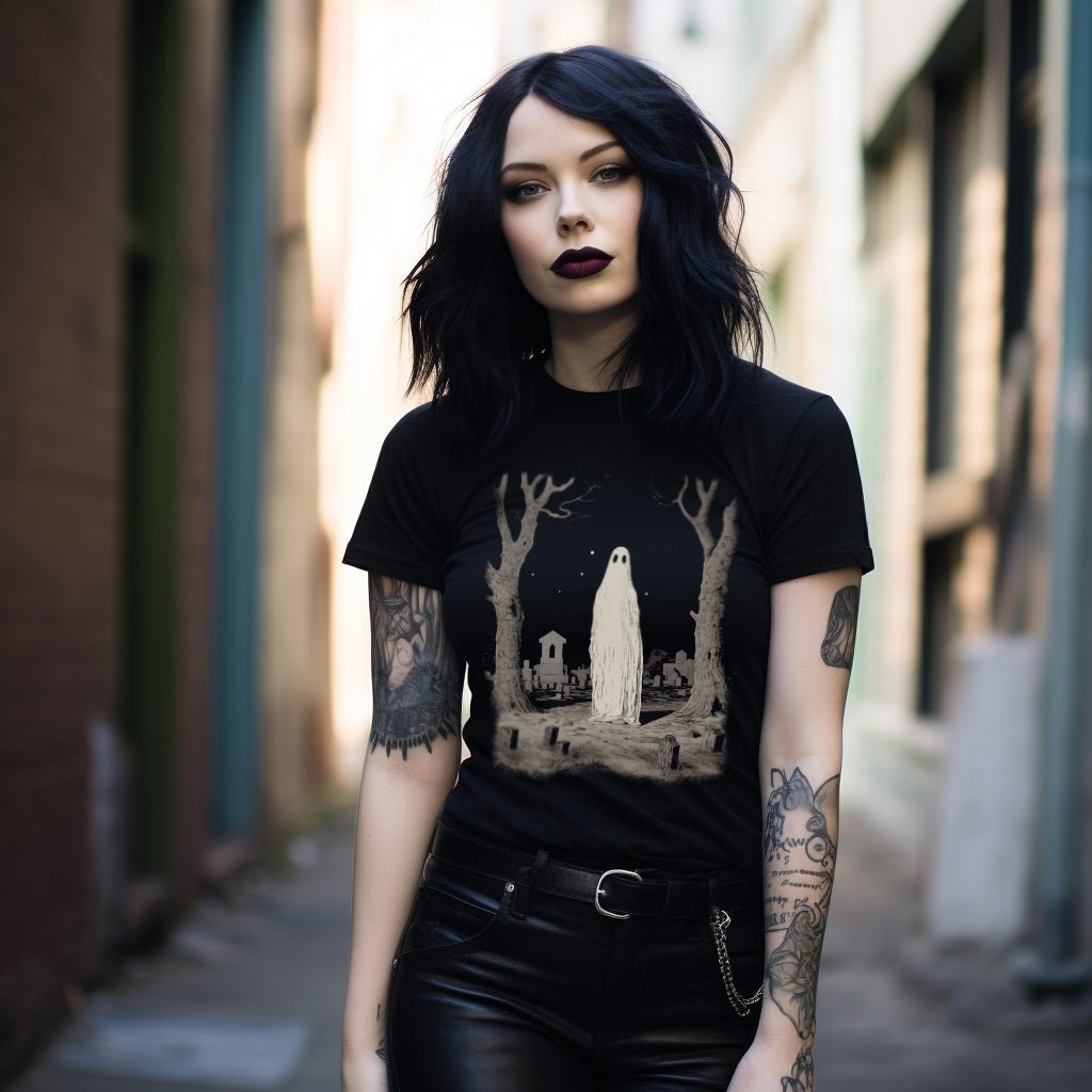 T-Shirt - Ghost In Cemetery Halloween Horror Tee | Bella + Canvas Unisex T-shirt from Crypto Zoo Tees