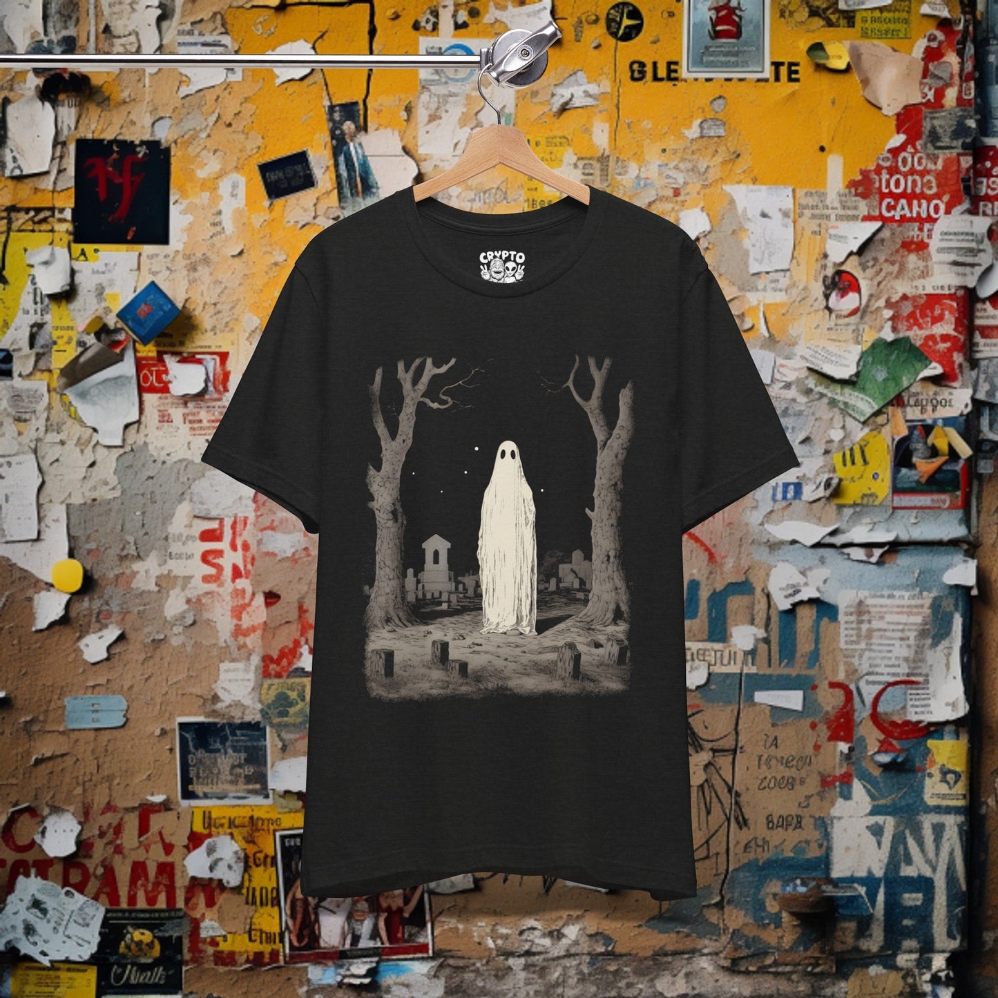 T-Shirt - Ghost In Cemetery Halloween Horror Tee | Bella + Canvas Unisex T-shirt from Crypto Zoo Tees