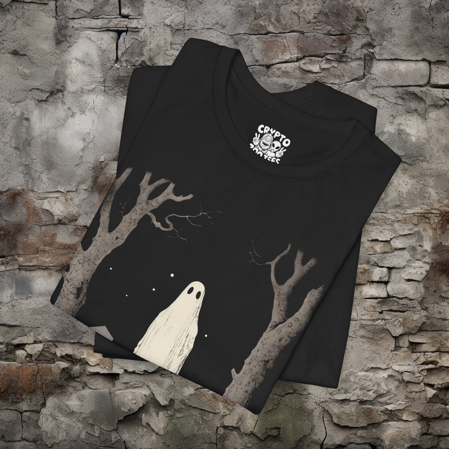 T-Shirt - Ghost In Cemetery Halloween Horror Tee | Bella + Canvas Unisex T-shirt from Crypto Zoo Tees