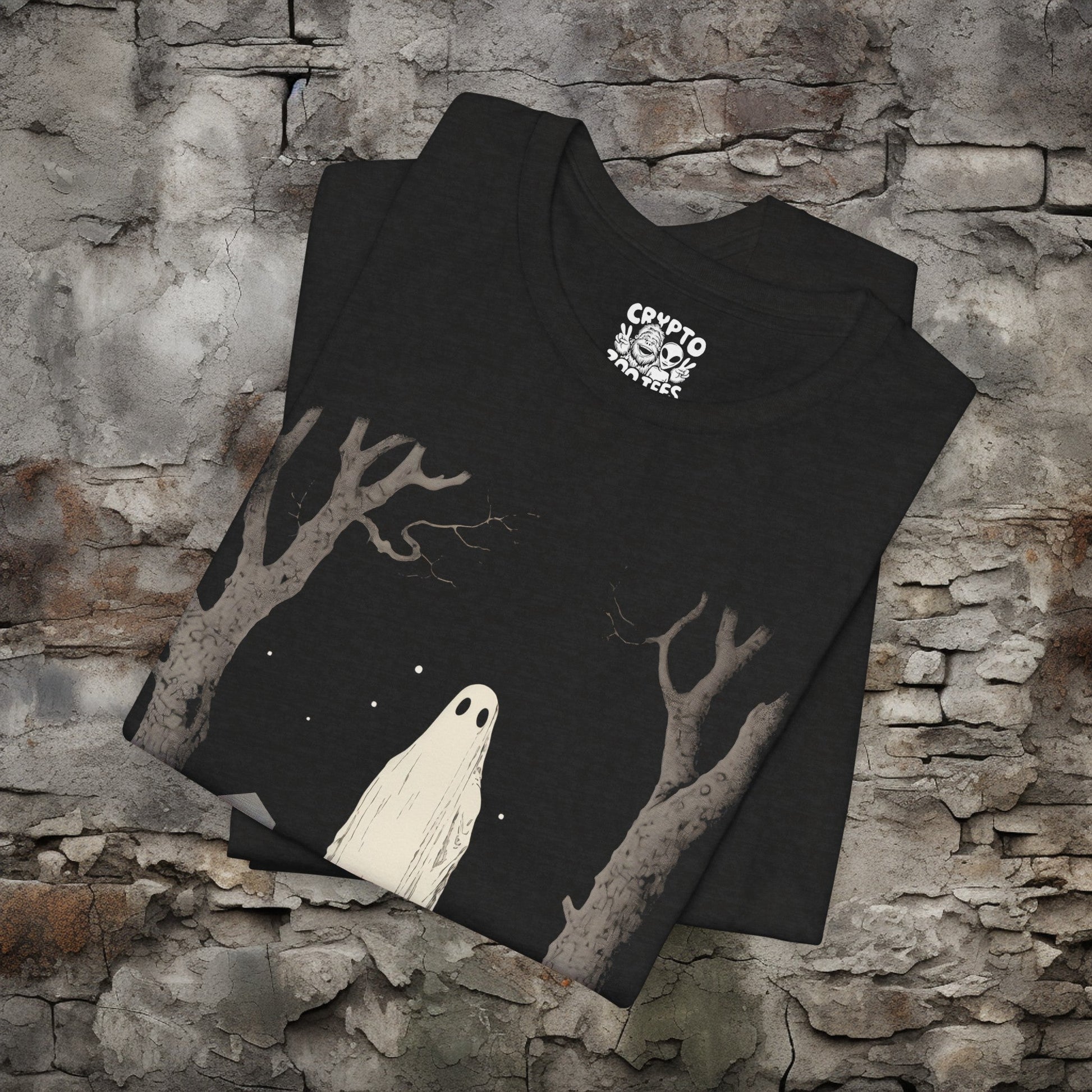 T-Shirt - Ghost In Cemetery Halloween Horror Tee | Bella + Canvas Unisex T-shirt from Crypto Zoo Tees