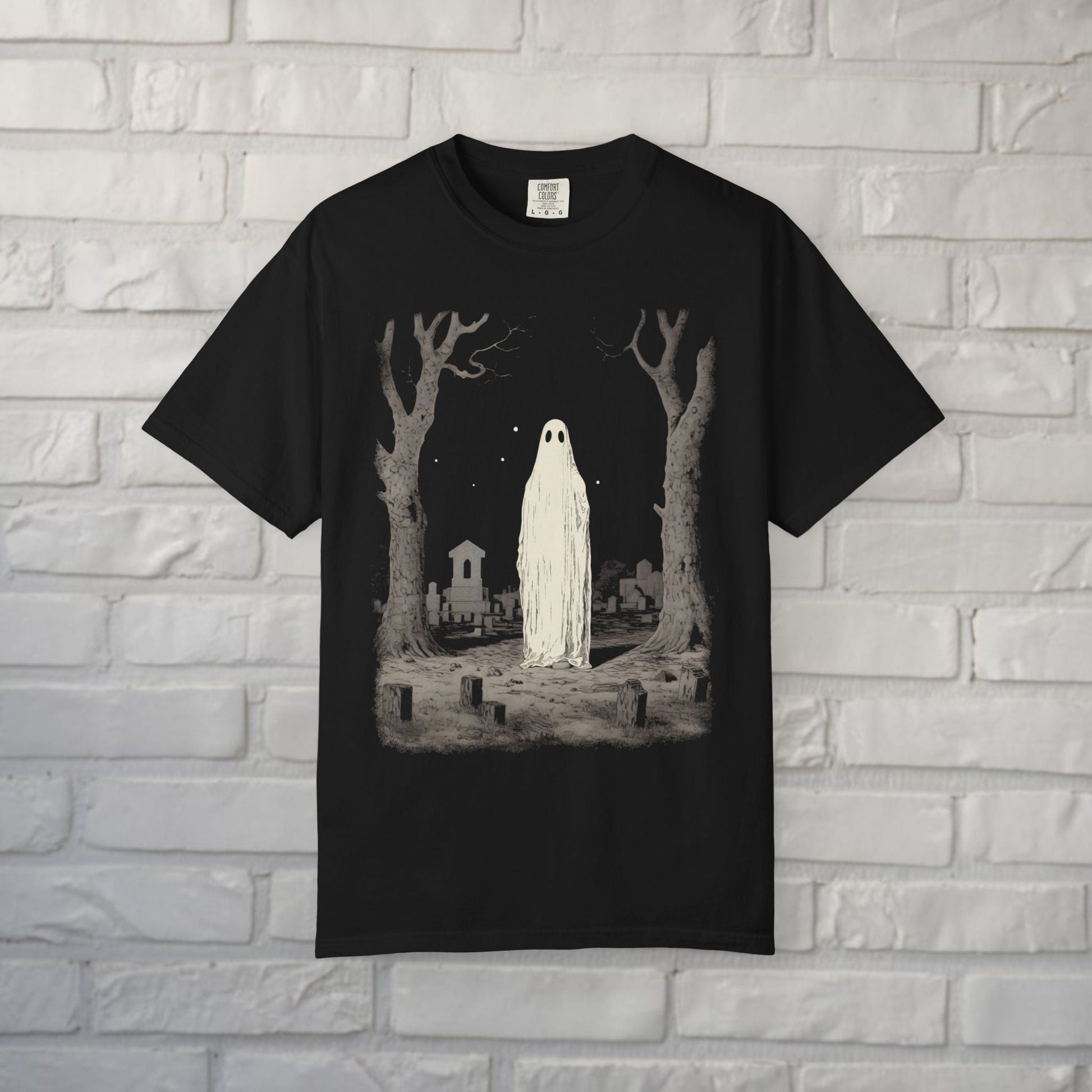 T-Shirt - Ghost in Cemetery | Halloween, Horror | Unisex Shirt, Ladies Tee, Tank Top, Long Sleeve, Sweatshirt, Hoodie from Crypto Zoo Tees