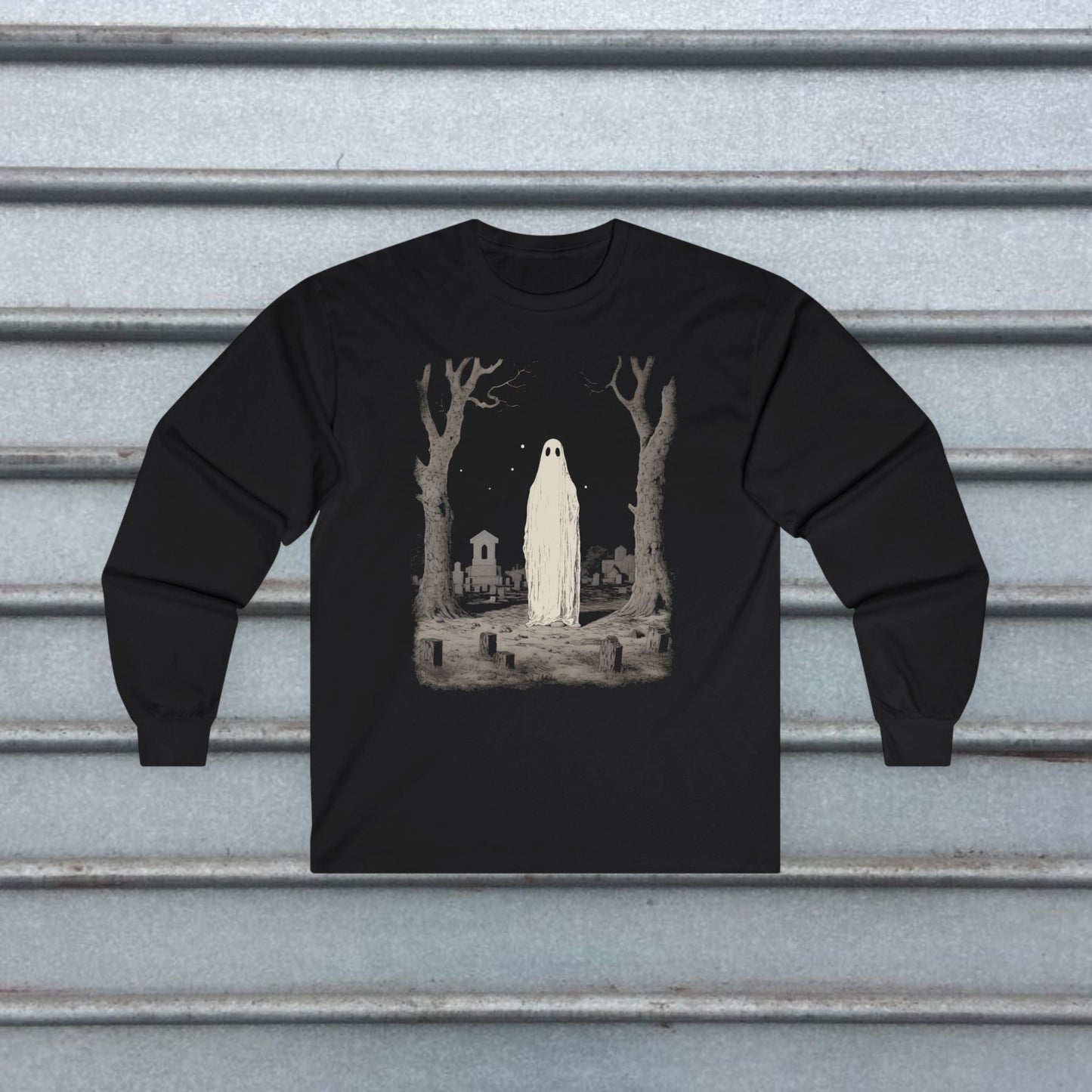T-Shirt - Ghost in Cemetery | Halloween, Horror | Unisex Shirt, Ladies Tee, Tank Top, Long Sleeve, Sweatshirt, Hoodie from Crypto Zoo Tees