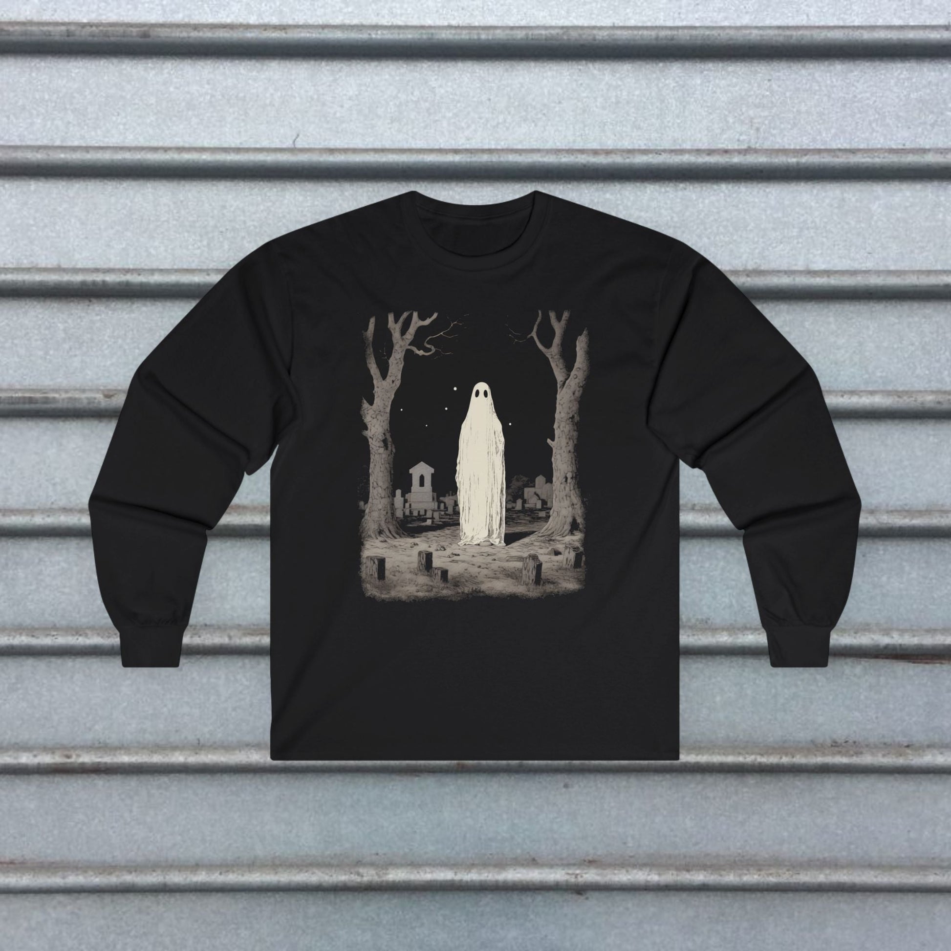 T-Shirt - Ghost in Cemetery | Halloween, Horror | Unisex Shirt, Ladies Tee, Tank Top, Long Sleeve, Sweatshirt, Hoodie from Crypto Zoo Tees