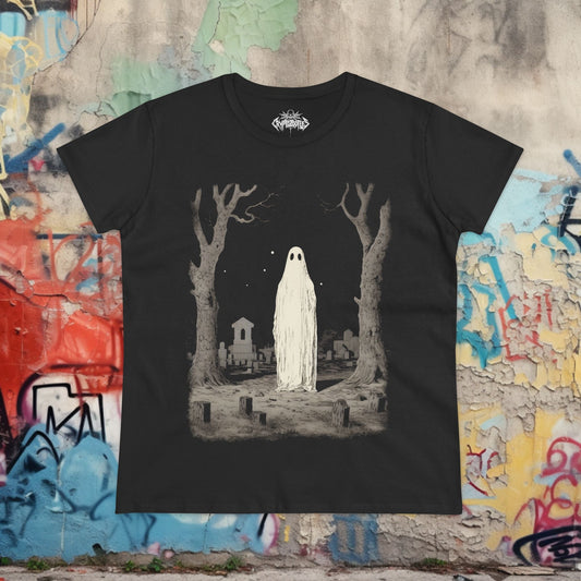 T-Shirt - Ghost in Cemetery | Halloween, Horror | Unisex Shirt, Ladies Tee, Tank Top, Long Sleeve, Sweatshirt, Hoodie from Crypto Zoo Tees