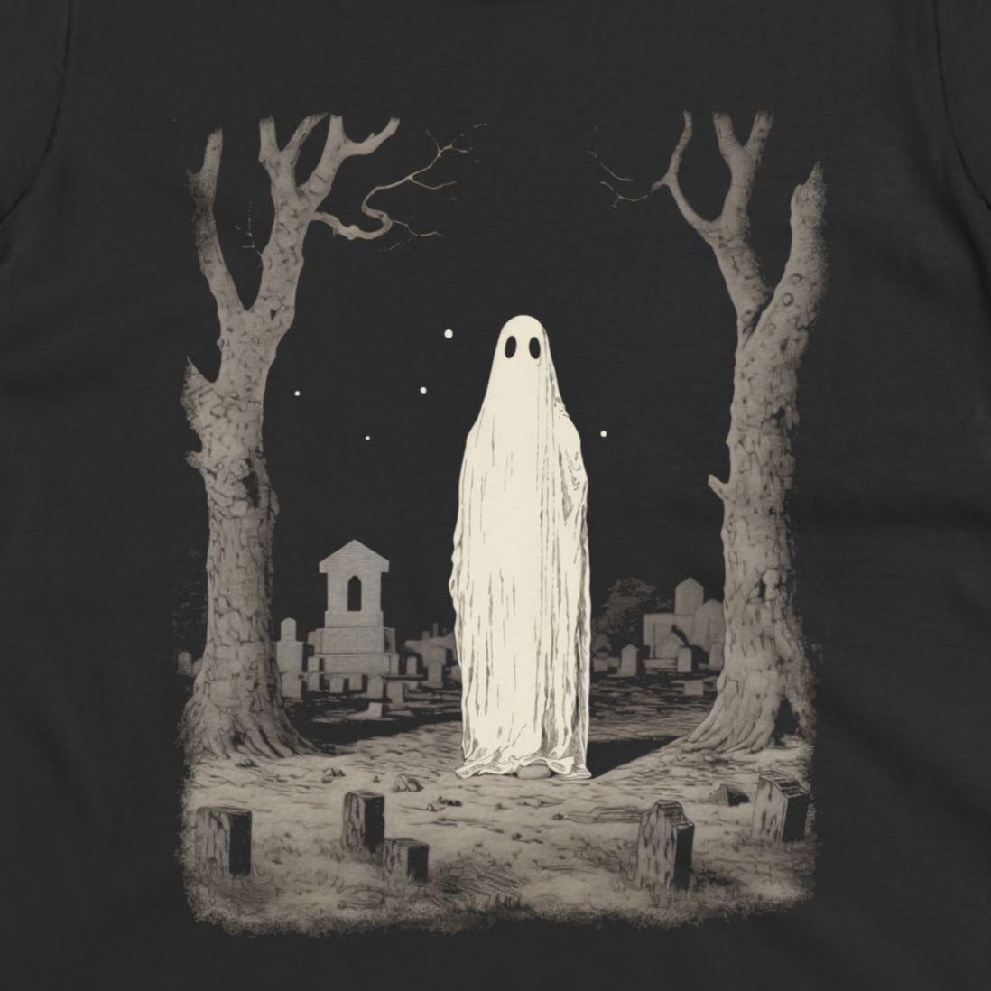 T-Shirt - Ghost in Cemetery | Halloween, Horror | Unisex Shirt, Ladies Tee, Tank Top, Long Sleeve, Sweatshirt, Hoodie from Crypto Zoo Tees