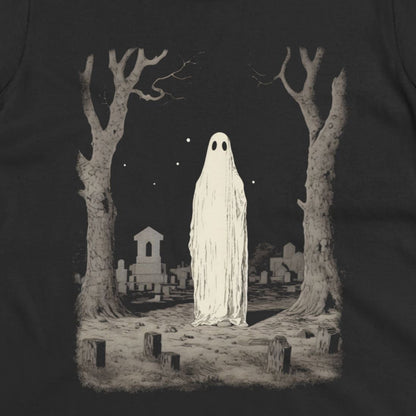 T-Shirt - Ghost in Cemetery | Halloween, Horror | Unisex Shirt, Ladies Tee, Tank Top, Long Sleeve, Sweatshirt, Hoodie from Crypto Zoo Tees