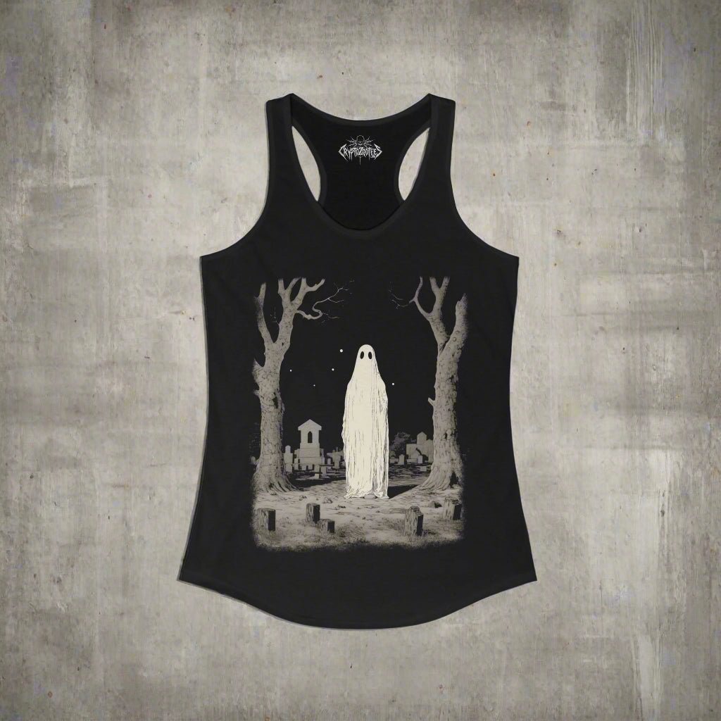T-Shirt - Ghost in Cemetery | Halloween, Horror | Unisex Shirt, Ladies Tee, Tank Top, Long Sleeve, Sweatshirt, Hoodie from Crypto Zoo Tees