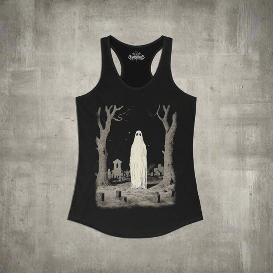 T-Shirt - Ghost in Cemetery | Halloween, Horror | Unisex Shirt, Ladies Tee, Tank Top, Long Sleeve, Sweatshirt, Hoodie from Crypto Zoo Tees