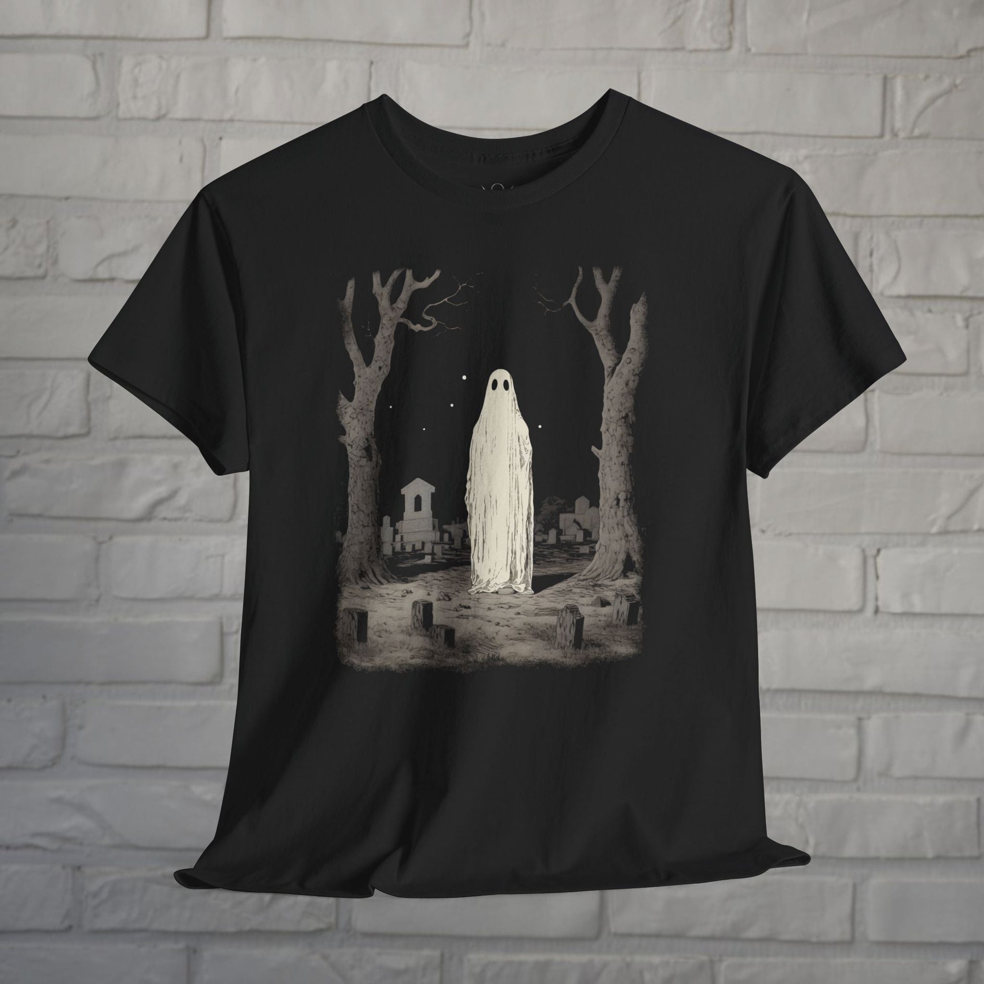 T-Shirt - Ghost in Cemetery | Halloween, Horror | Unisex Shirt, Ladies Tee, Tank Top, Long Sleeve, Sweatshirt, Hoodie from Crypto Zoo Tees