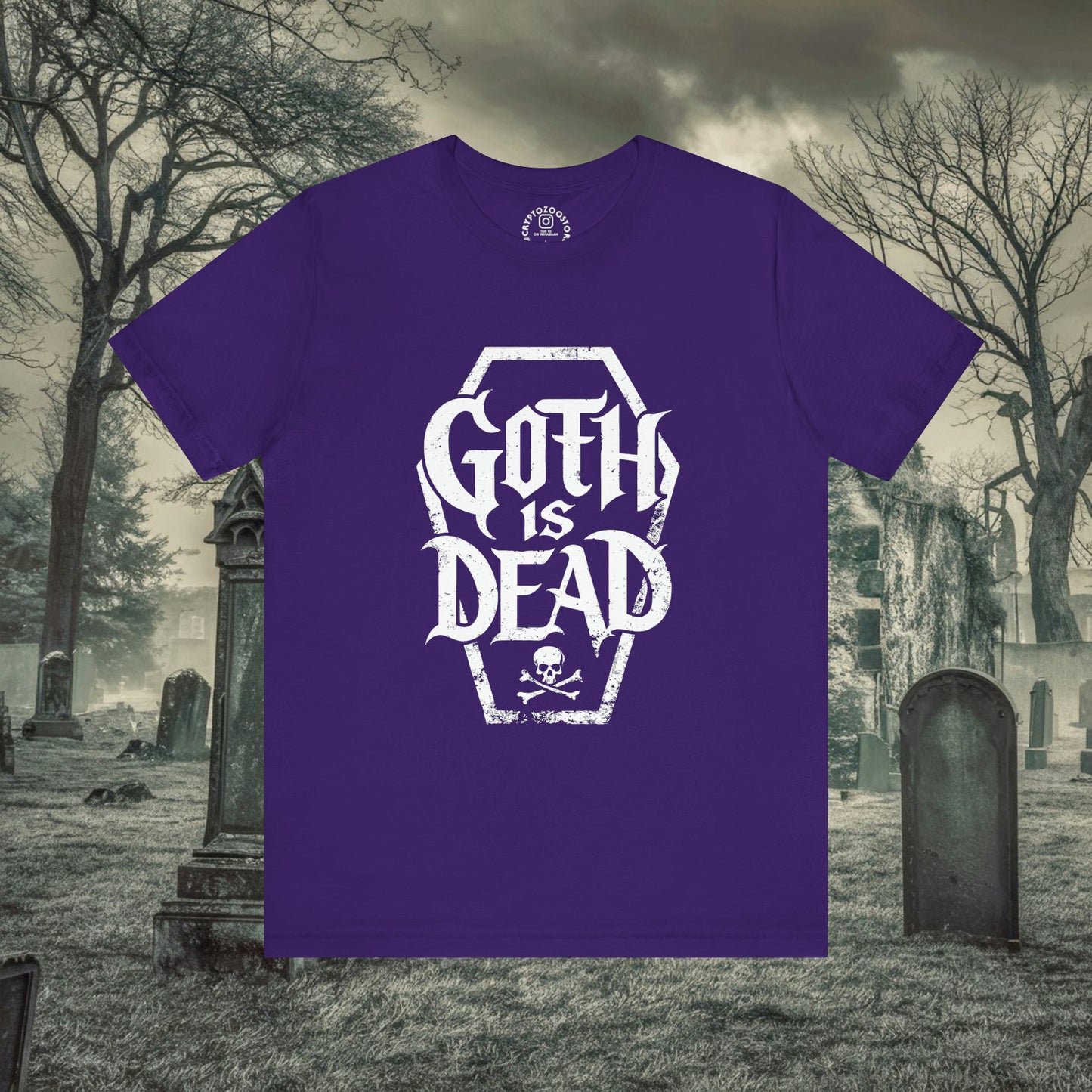 T-Shirt - Goth Is Dead with Coffin Skull Crossbone - Goth Humor - Available in Many Colors incl Pinks for Pastel Goths - Soft Cotton Unisex T-shirt from Crypto Zoo Tees