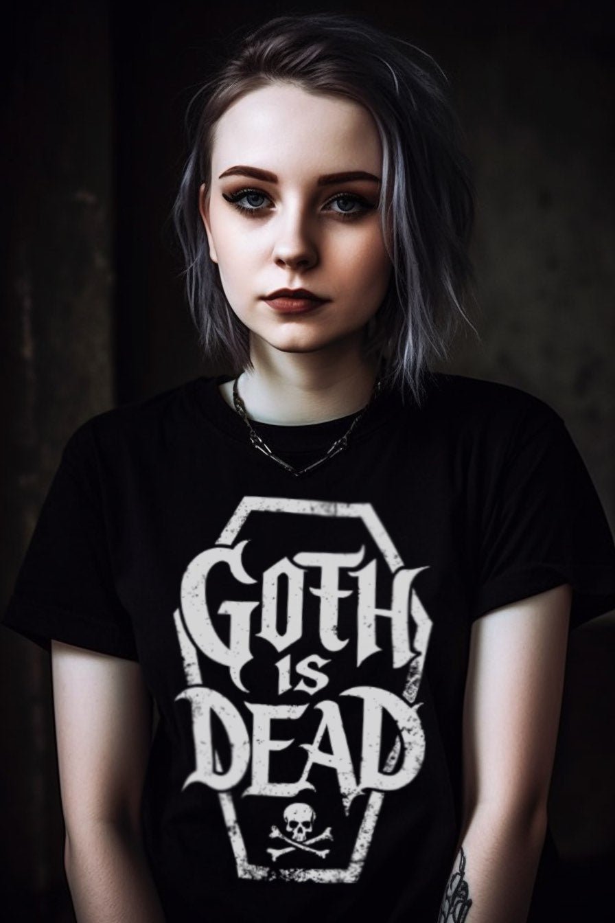 T-Shirt - Goth Is Dead with Coffin Skull Crossbone - Goth Humor - Available in Many Colors incl Pinks for Pastel Goths - Soft Cotton Unisex T-shirt from Crypto Zoo Tees