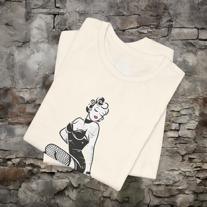 T-Shirt - Gothic Burlesque Pinup In Fishnets T-shirt | Bella+ Canvas | Goth Punk Rockabilly from Crypto Zoo Tees