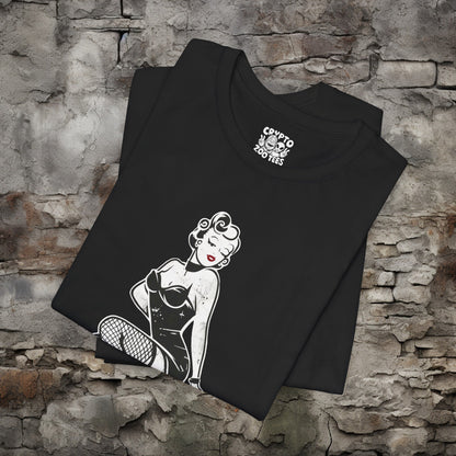 T-Shirt - Gothic Burlesque Pinup In Fishnets T-shirt | Bella+ Canvas | Goth Punk Rockabilly from Crypto Zoo Tees