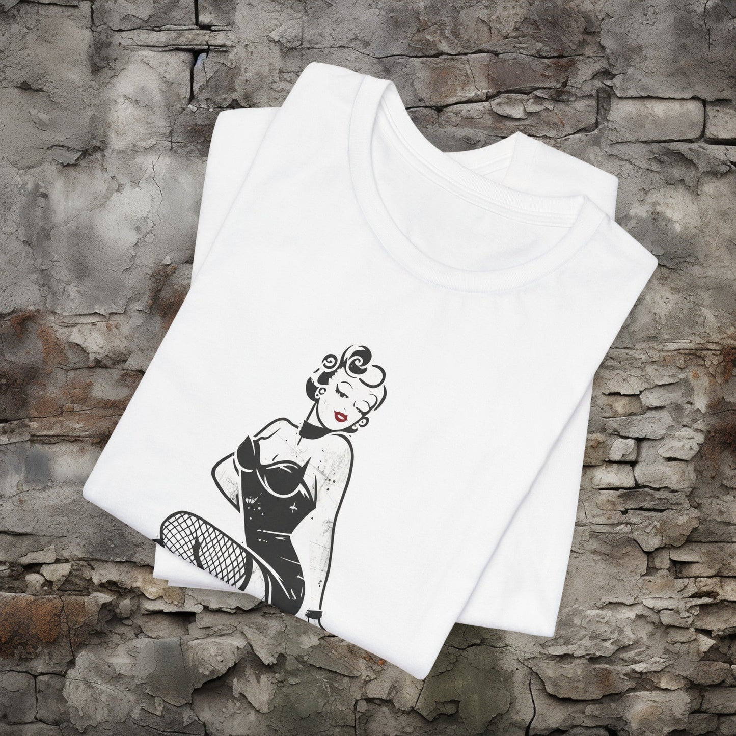 T-Shirt - Gothic Burlesque Pinup In Fishnets T-shirt | Bella+ Canvas | Goth Punk Rockabilly from Crypto Zoo Tees