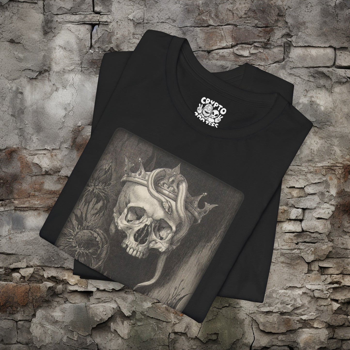 T-Shirt - Gothic Metal Black and Gray Skull Snake Etching Tee | Bella + Canvas Unisex T-shirt from Crypto Zoo Tees