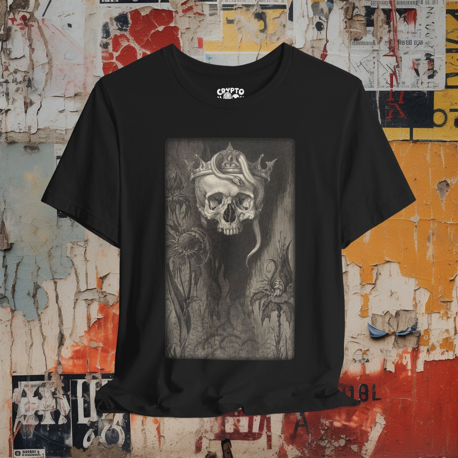 T-Shirt - Gothic Metal Black and Gray Skull Snake Etching Tee | Bella + Canvas Unisex T-shirt from Crypto Zoo Tees