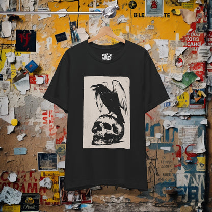 T - Shirt - Gothic Raven Perched on Skull Lithograph | Skulls and Skeletons | Bella + Canvas Unisex T - shirt from Crypto Zoo Tees