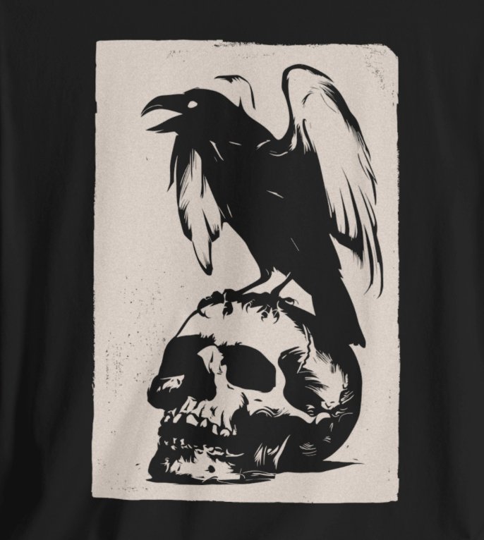 T - Shirt - Gothic Raven Perched on Skull Lithograph | Skulls and Skeletons | Bella + Canvas Unisex T - shirt from Crypto Zoo Tees