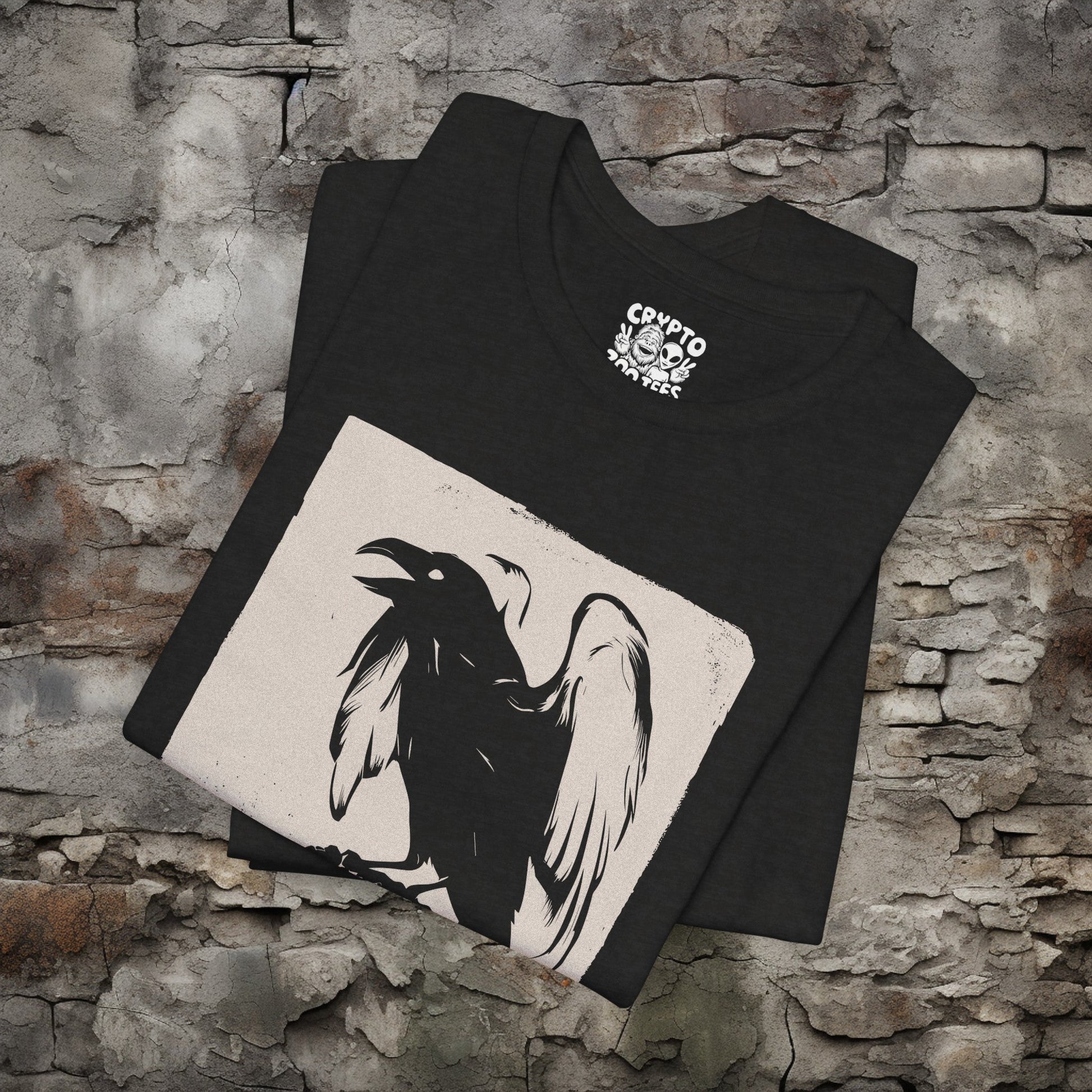 T - Shirt - Gothic Raven Perched on Skull Lithograph | Skulls and Skeletons | Bella + Canvas Unisex T - shirt from Crypto Zoo Tees