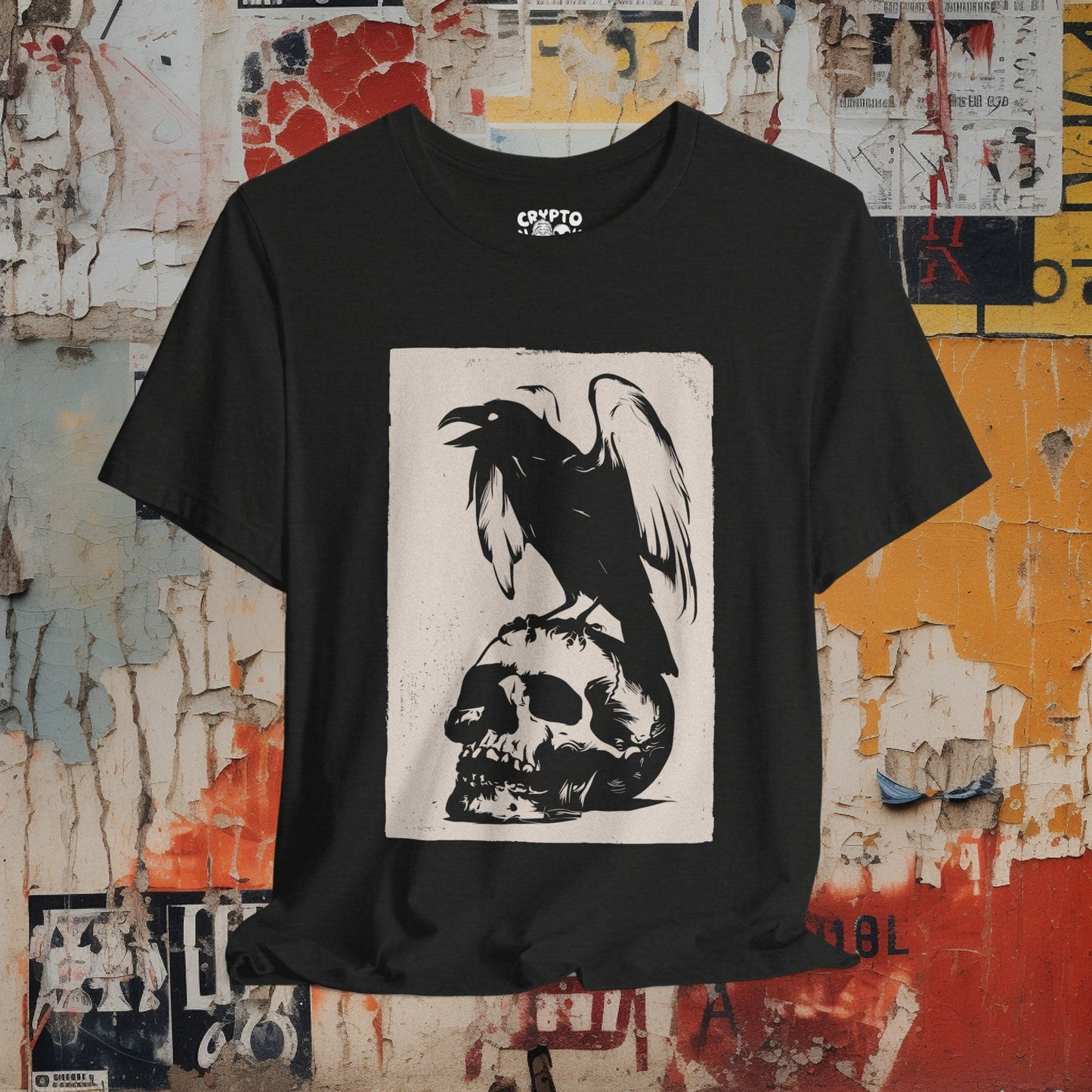 T - Shirt - Gothic Raven Perched on Skull Lithograph | Skulls and Skeletons | Bella + Canvas Unisex T - shirt from Crypto Zoo Tees