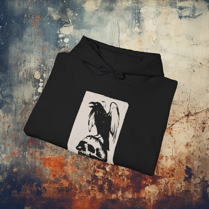 Hoodie - Gothic Raven Perched on Skull Lithograph | Skulls and Skeletons | Hoodie | Hooded Sweatshirt from Crypto Zoo Tees