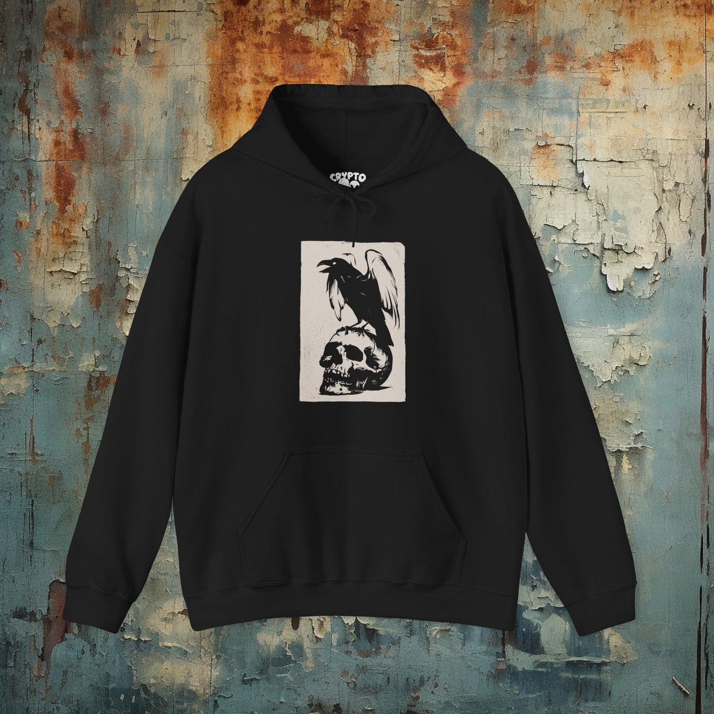 Hoodie - Gothic Raven Perched on Skull Lithograph | Skulls and Skeletons | Hoodie | Hooded Sweatshirt from Crypto Zoo Tees