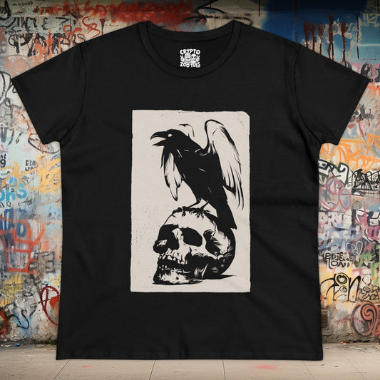 T - Shirt - Gothic Raven Perched on Skull Lithograph | Skulls and Skeletons | Women's T - Shirt | Cotton Tee from Crypto Zoo Tees