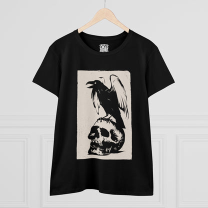 T - Shirt - Gothic Raven Perched on Skull Lithograph | Skulls and Skeletons | Women's T - Shirt | Cotton Tee from Crypto Zoo Tees