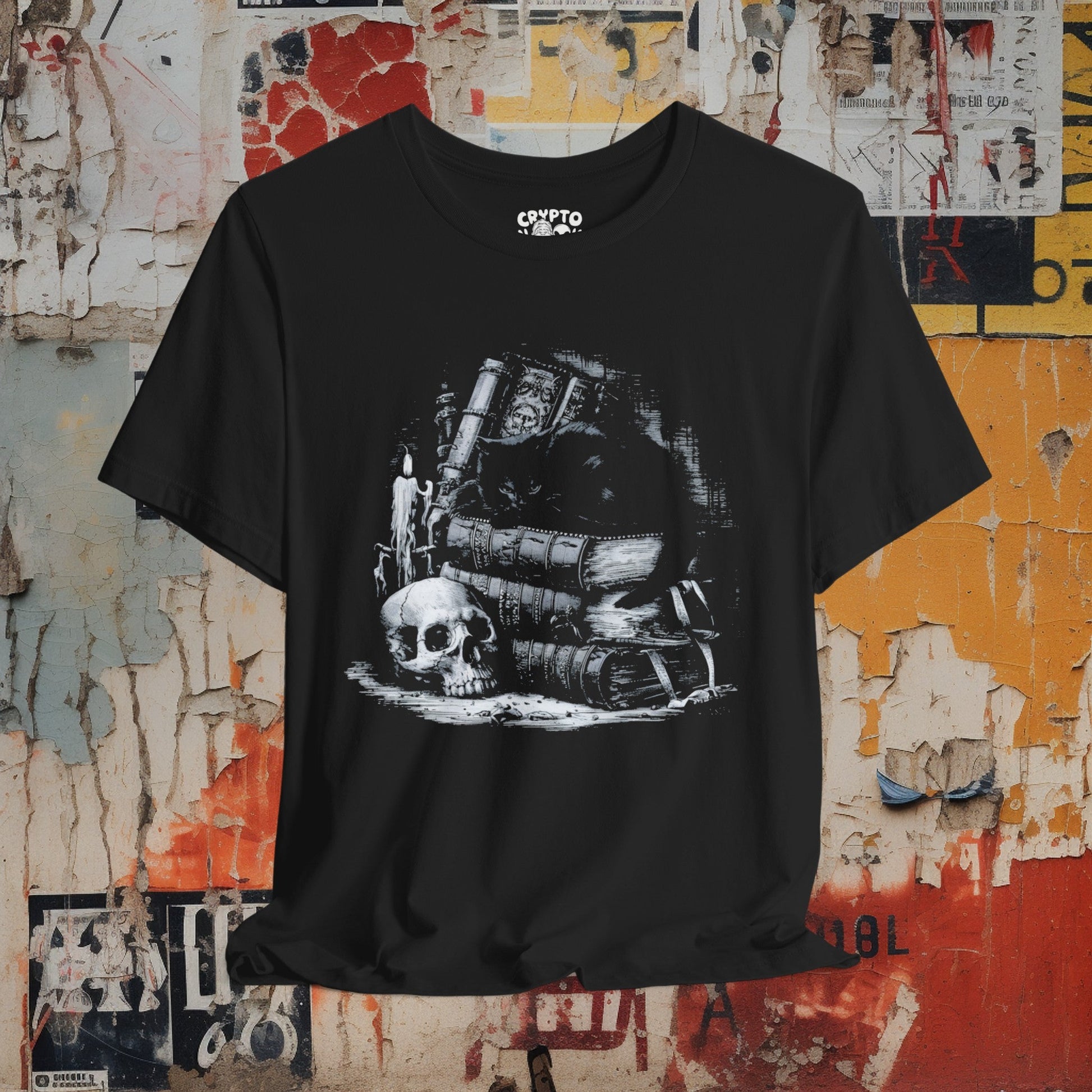 T-Shirt - Gothic Skull Books Black Cat Tee | Bella + Canvas Unisex T-shirt from Crypto Zoo Tees