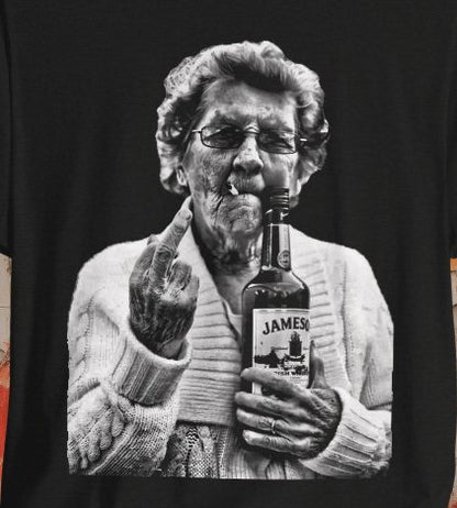 T-Shirt - Granny Middle Finger Holding a Jameson Whiskey Tee | Bella + Canvas Unisex T-shirt from Crypto Zoo Tees