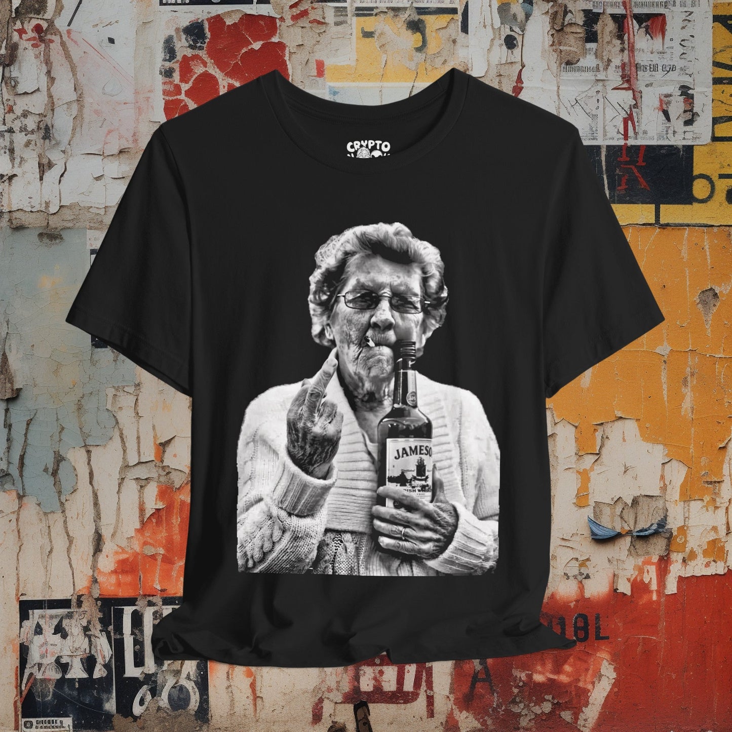 T-Shirt - Granny Middle Finger Holding a Jameson Whiskey Tee | Bella + Canvas Unisex T-shirt from Crypto Zoo Tees