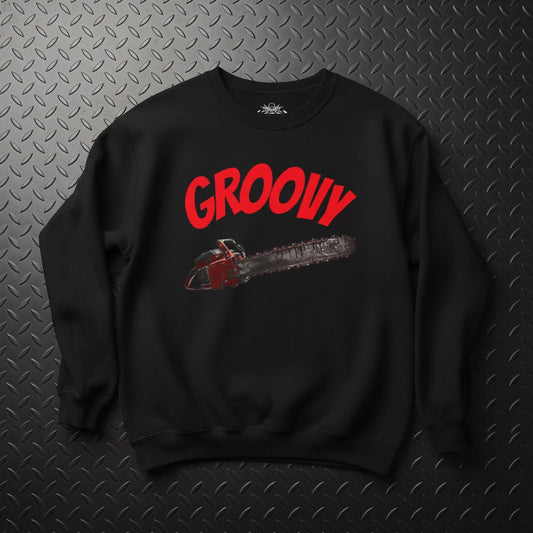 Sweatshirt - Groovy Chainsaw Crewneck | Unisex Crewneck Sweatshirt - Gildan 18000 | Horror | Retro & Vintage from Crypto Zoo Tees